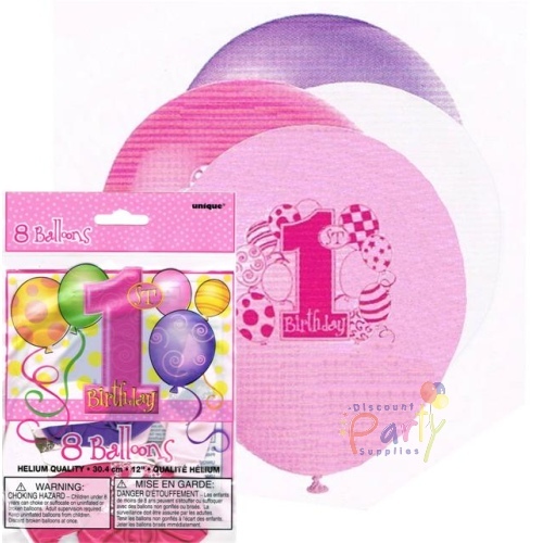 Girls 1st Birthday Balloons (Pack of 8)
