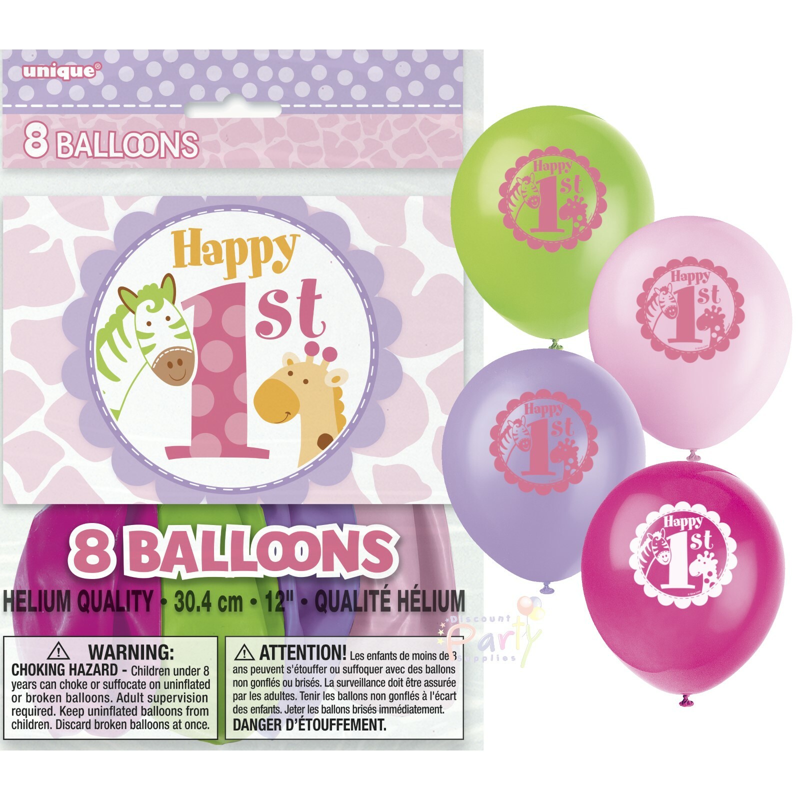 Pink Safari 1st Birthday Balloons (Pack of 8)