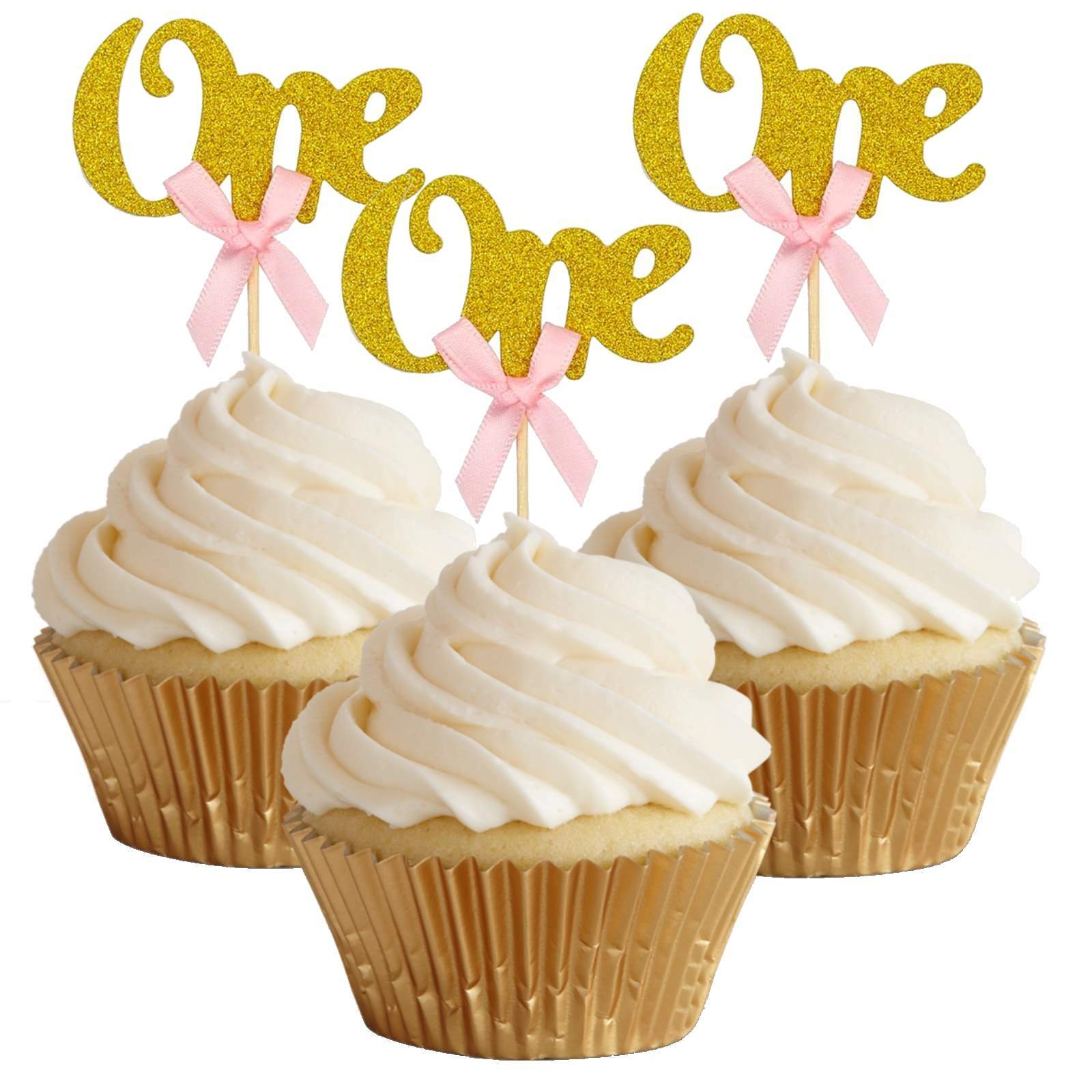 Girls 1st Birthday One Gold Glitter Cupcake Picks (Pack of 10)