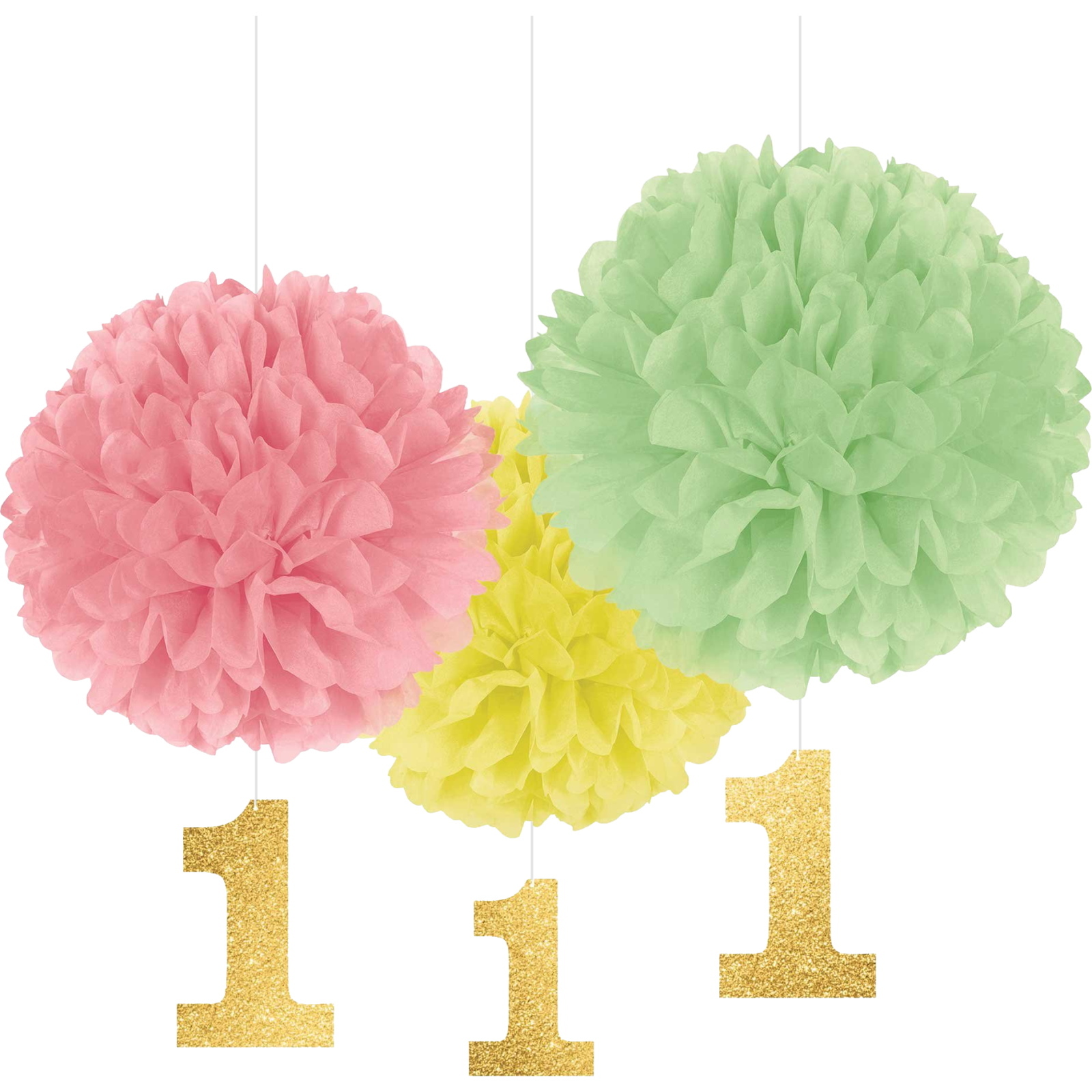 Girls 1st Birthday Fluffy Decorations (Pack of 3)