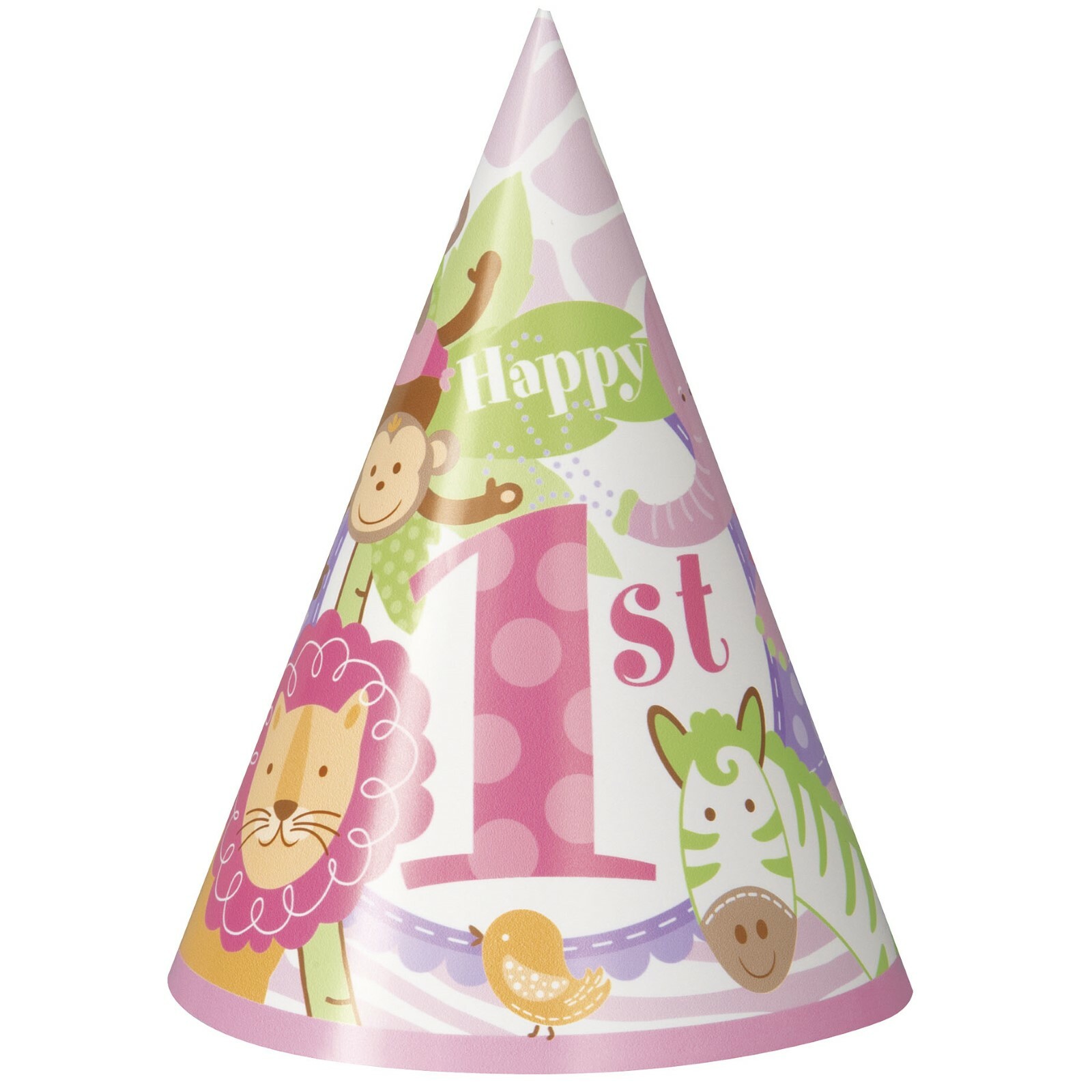 Pink Safari 1st Birthday Party Hats (Pack of 8)