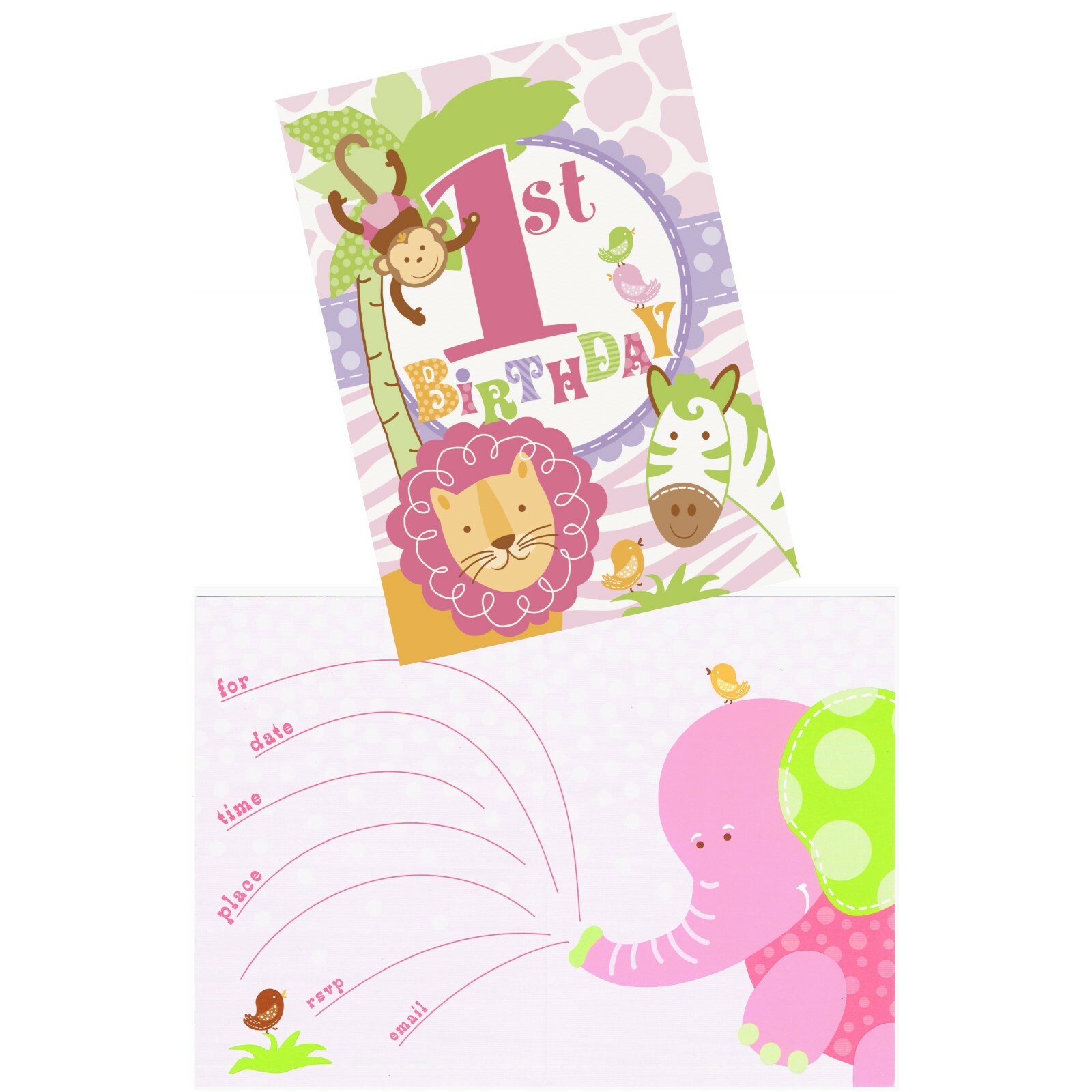 Pink Safari 1st Birthday Party Invitations (Pack of 8)