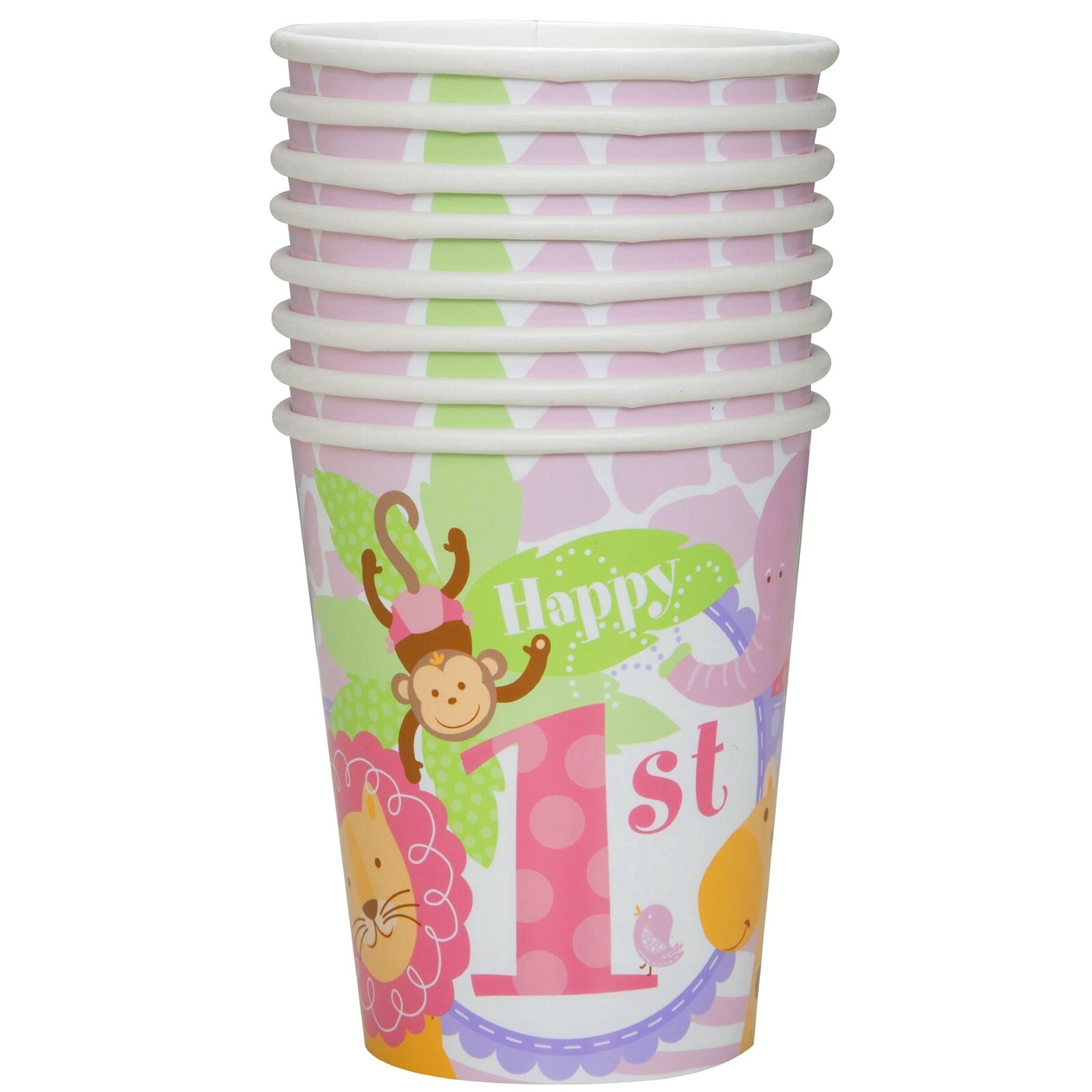 Pink Safari 1st Birthday Paper Cups (Pack of 8)