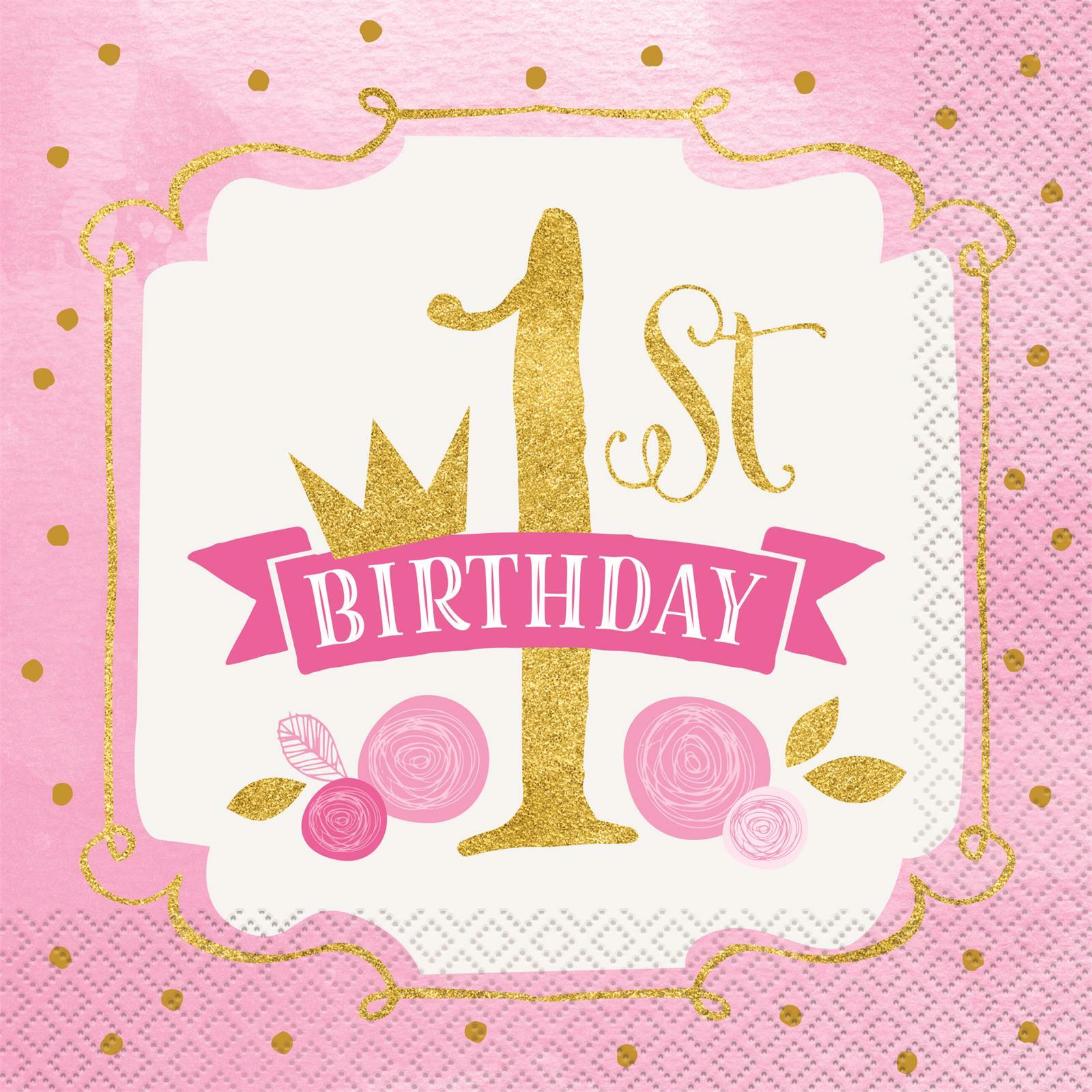Pink & Gold First Birthday Large Napkins / Serviettes (Pack of 16)