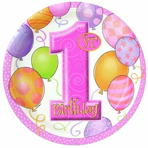 Girls 1st Birthday Large Paper Plates (Pack of 8)