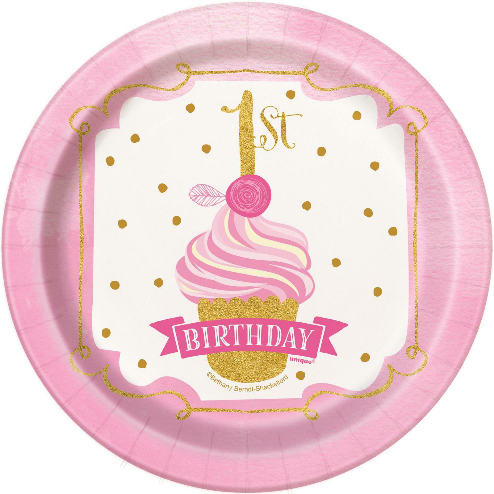 Pink & Gold First Birthday Small Paper Plates (Pack of 8)