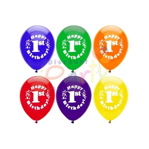 1st Birthday Coloured Balloons (Pack of 12)