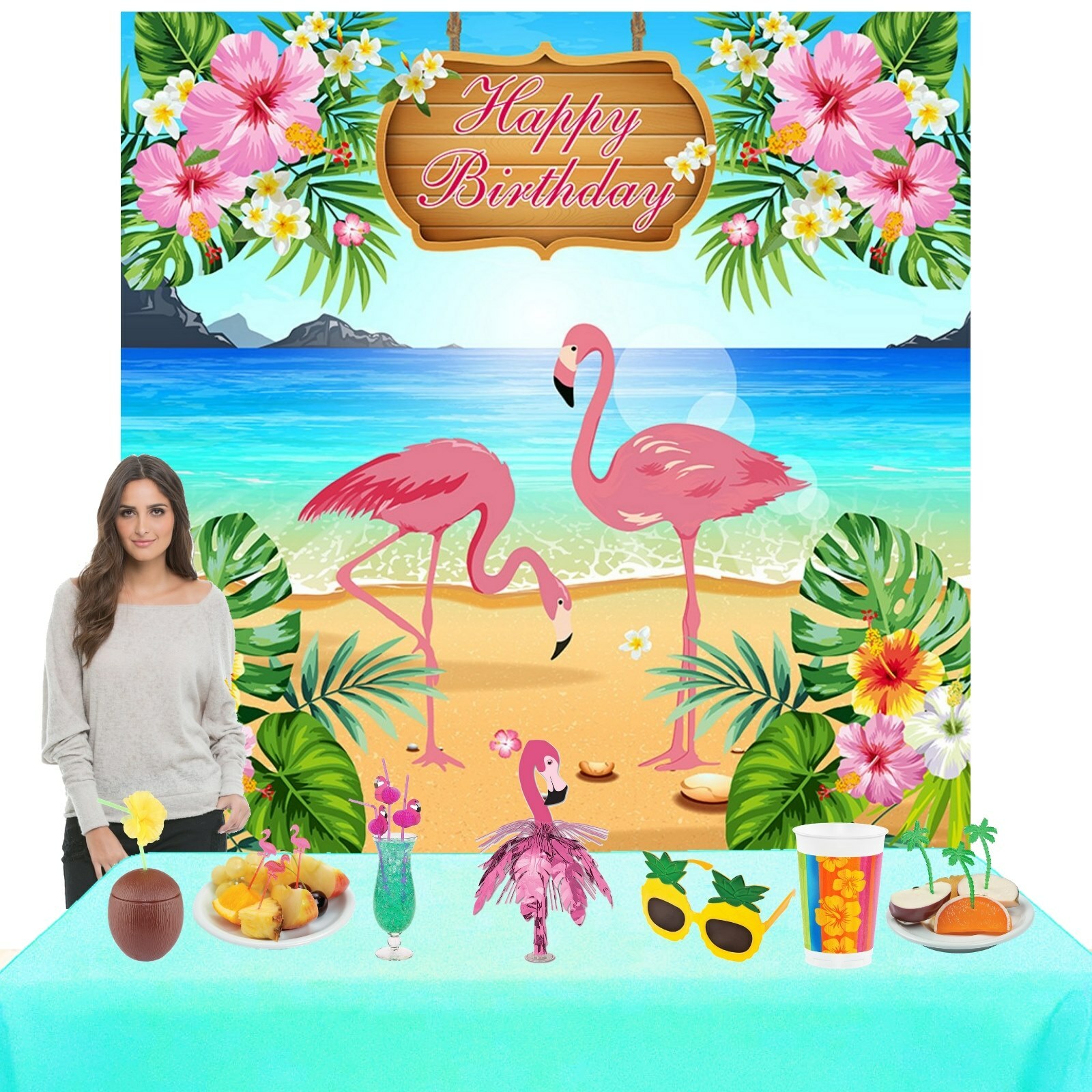 Flamingo Happy Birthday Large Fabric Wall Backdrop | Flamingo | Themed