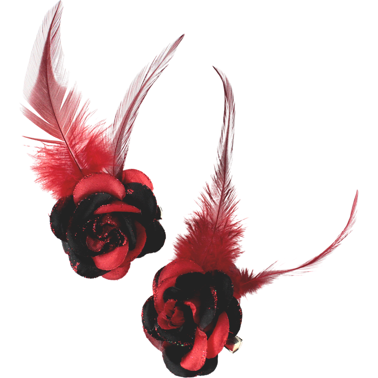 Red and Black Rose with Feather Hair Clips (Pack of 2)