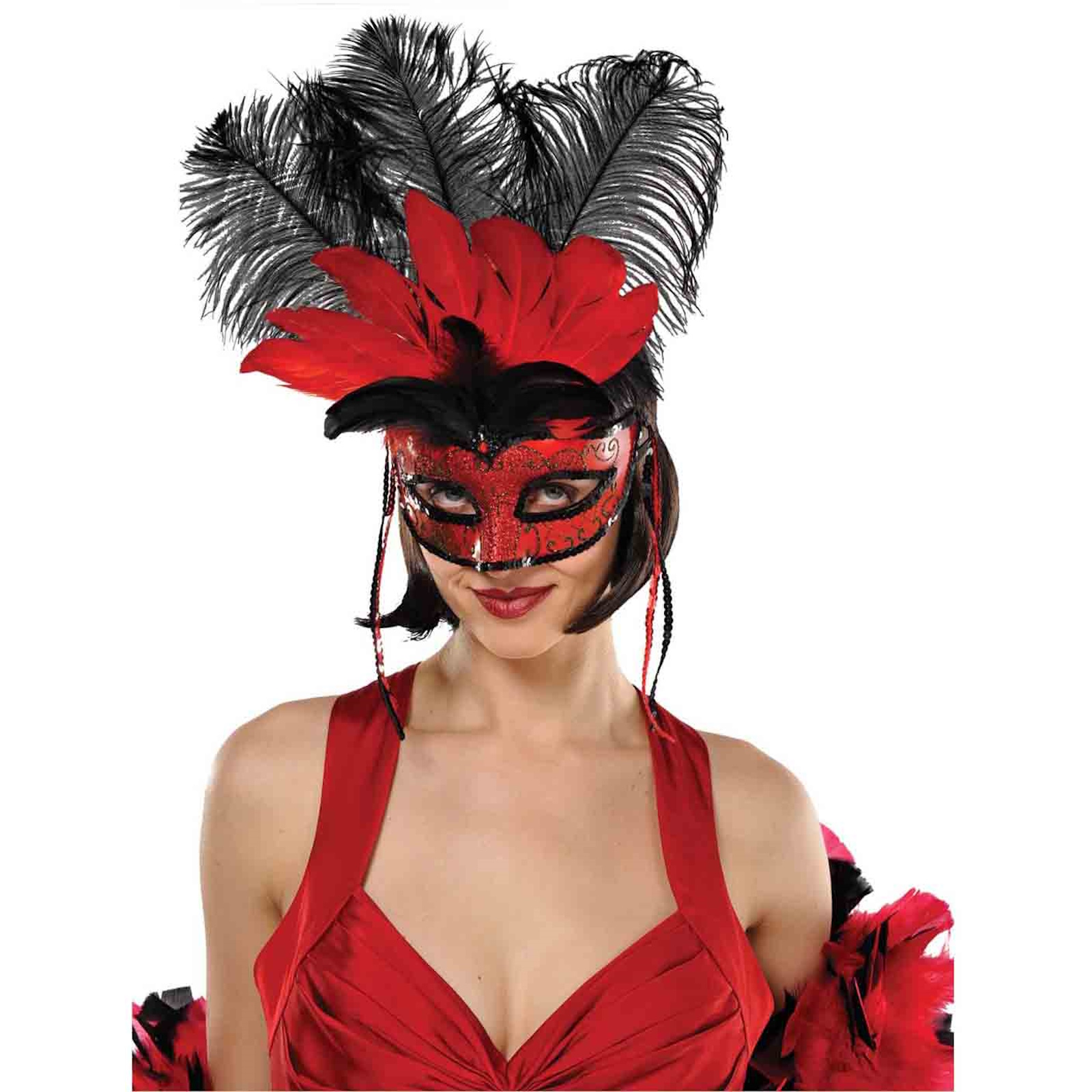 Temptation Red Black Feather Adult Mask