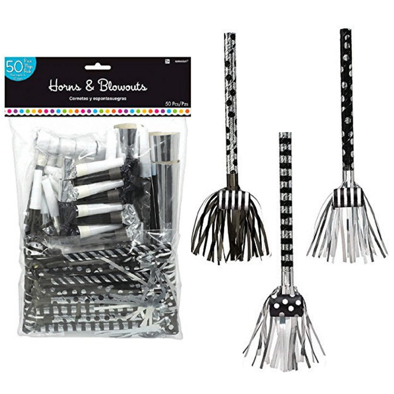 Metallic Silver Dots & Stripes Fringed Party Blowers (Pack of 8)