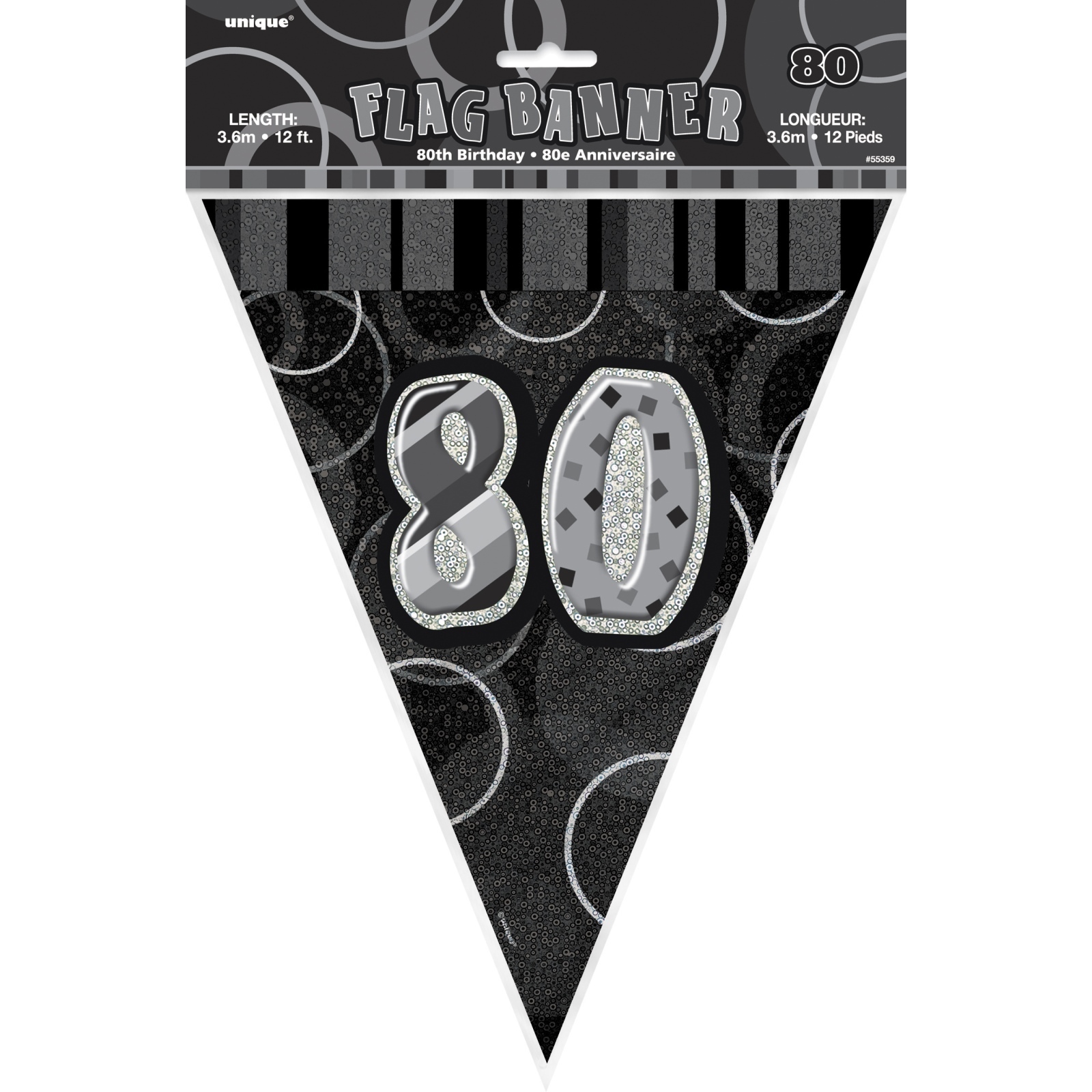 Glitz Black 80th Birthday Flag Banner