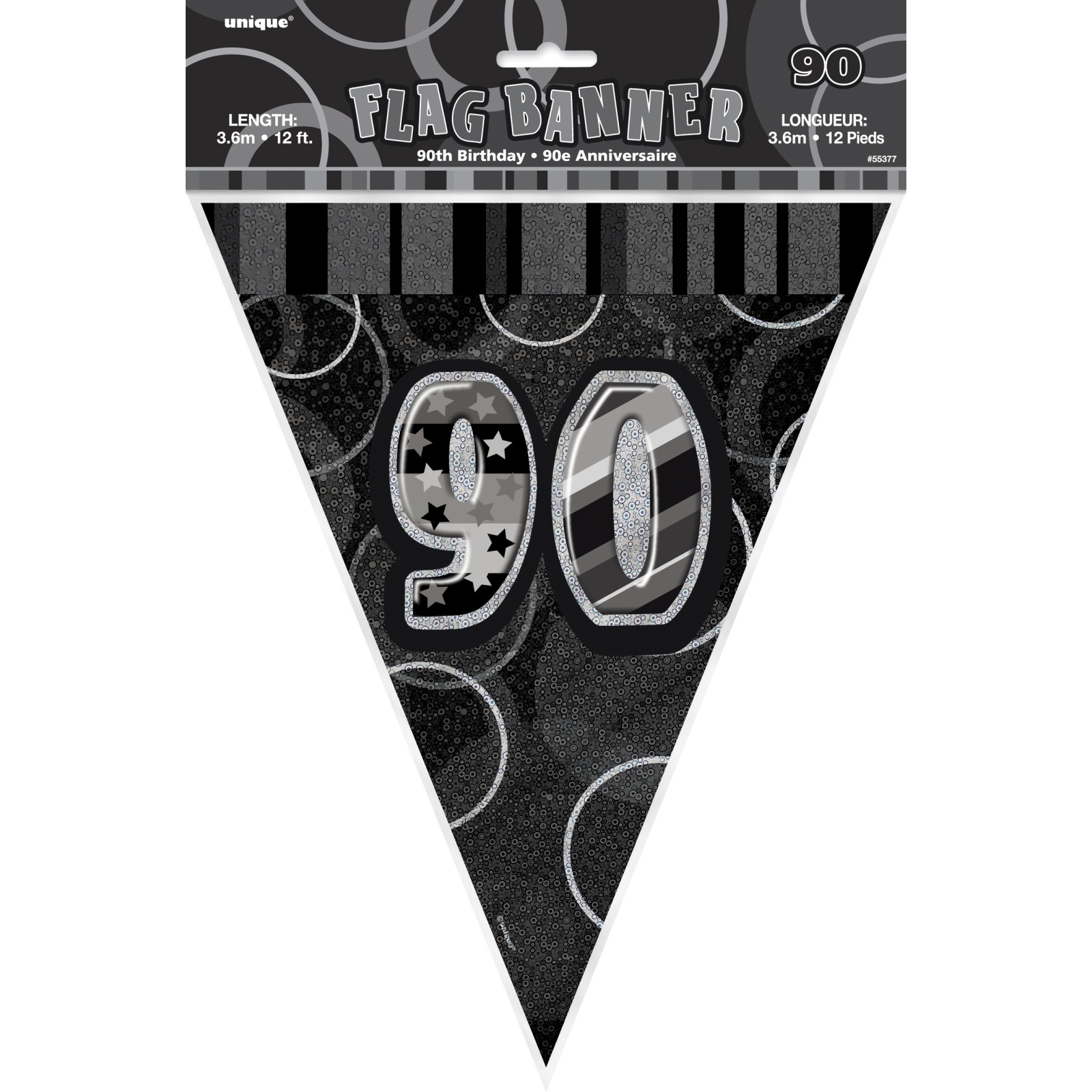 Glitz Black 90th Birthday Flag Banner