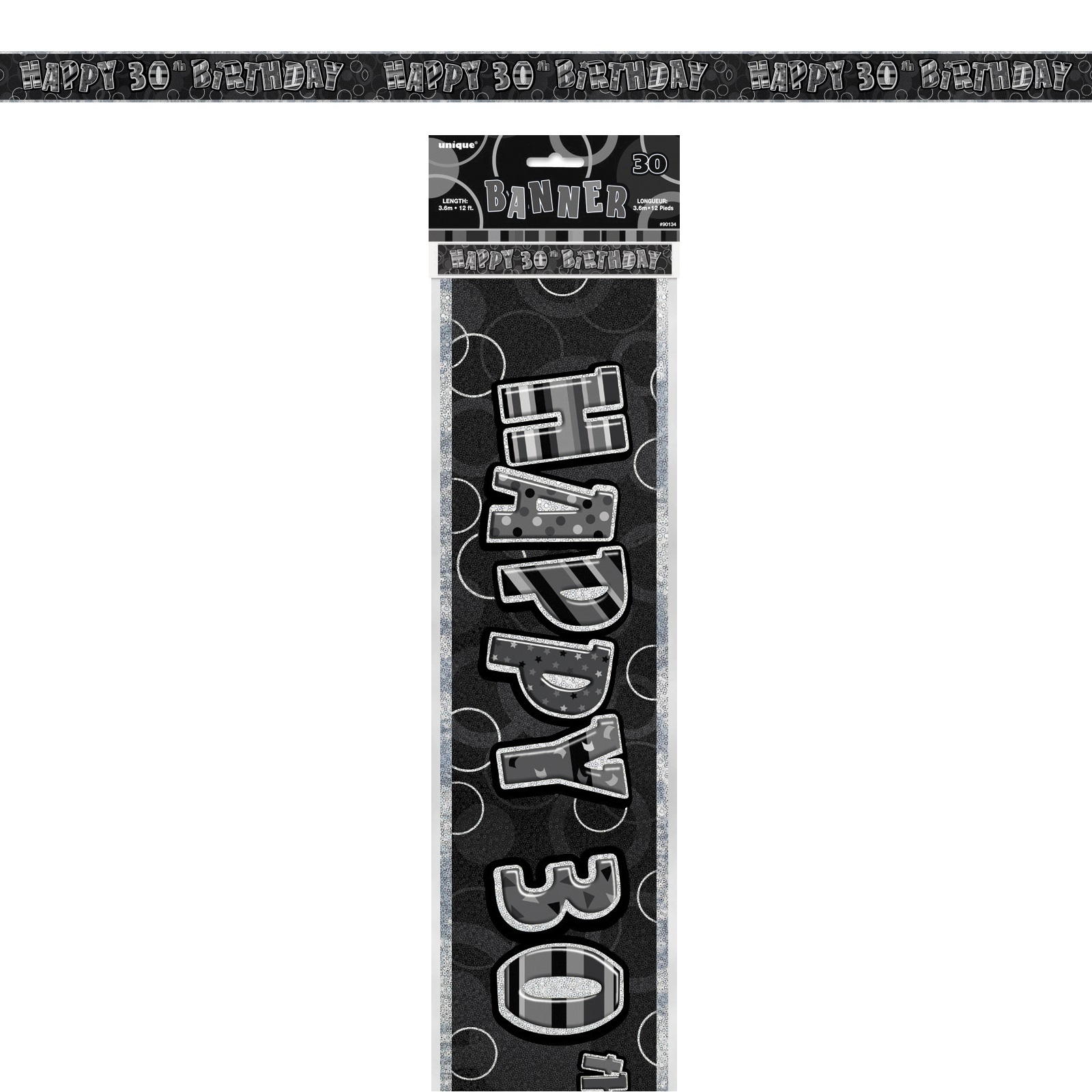Glitz Black & Silver Happy 30th Birthday Banner