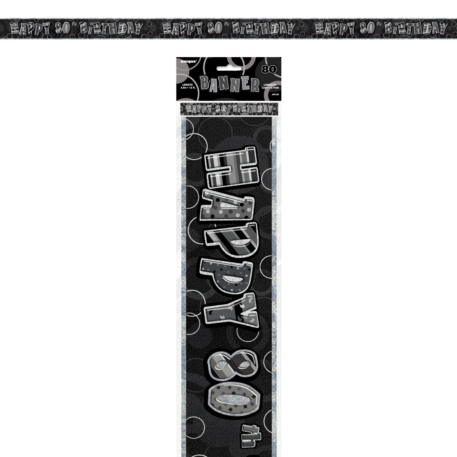 Glitz Black & Silver Happy 80th Birthday Banner