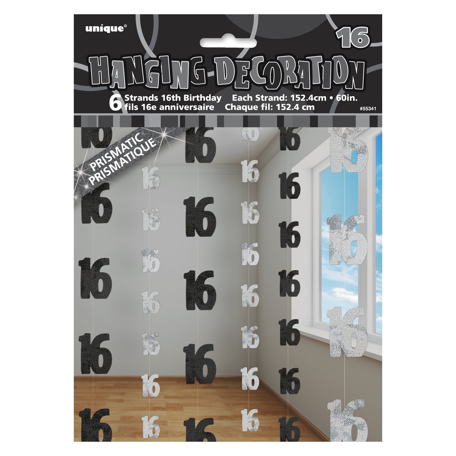 Glitz Black Silver 16th Birthday Hanging Decoration