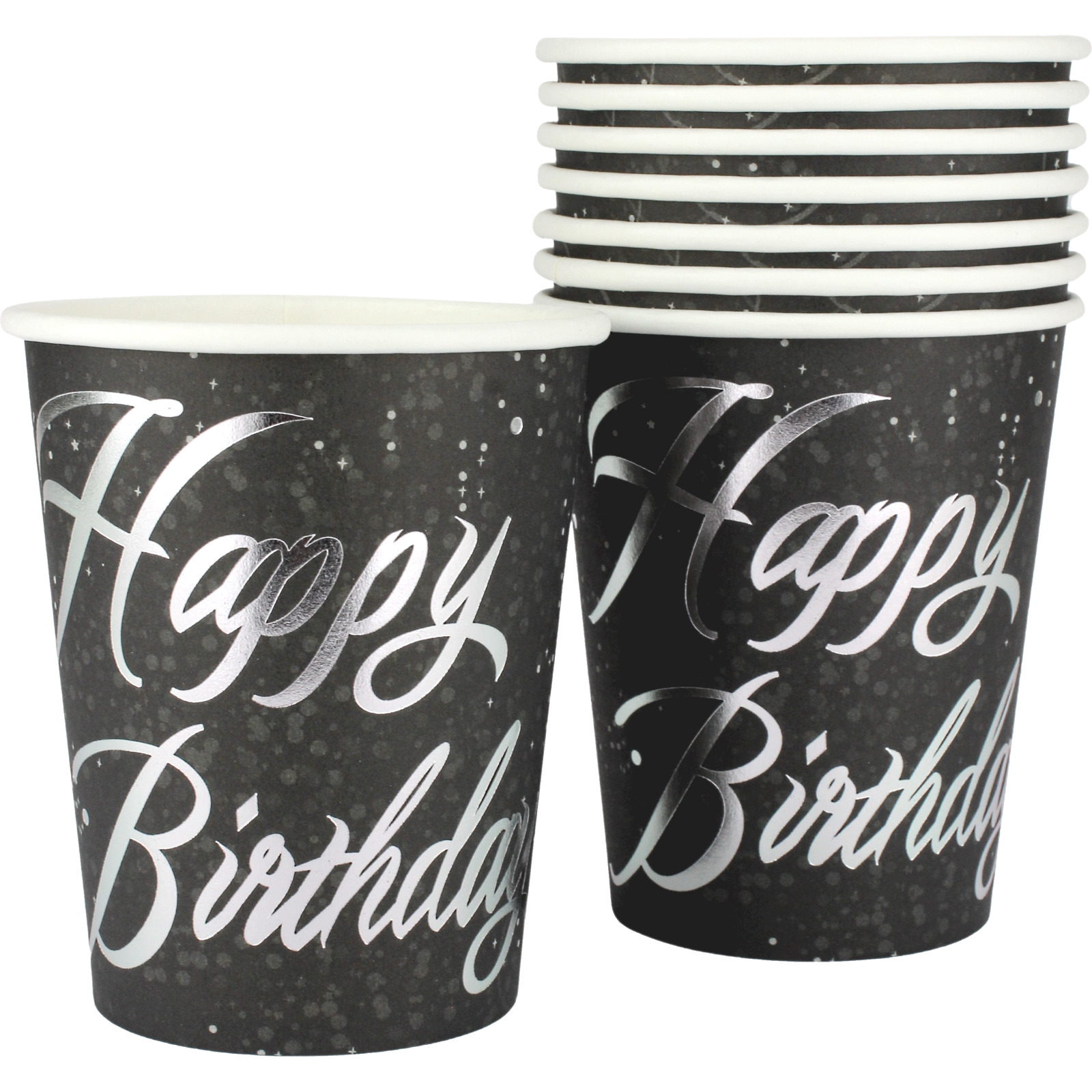 Glitz Silver Happy Birthday Paper Cups (Pack of 8)