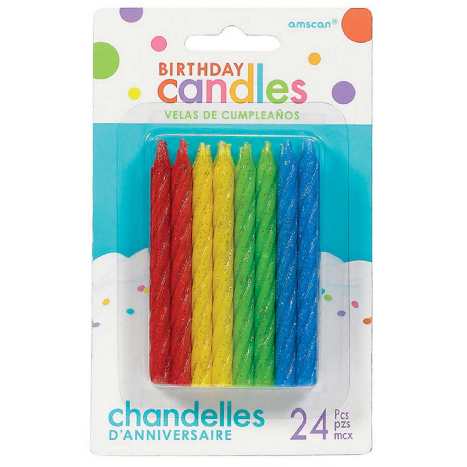 Bright Primary Colour Glitter Spiral Candles (Pack of 24)