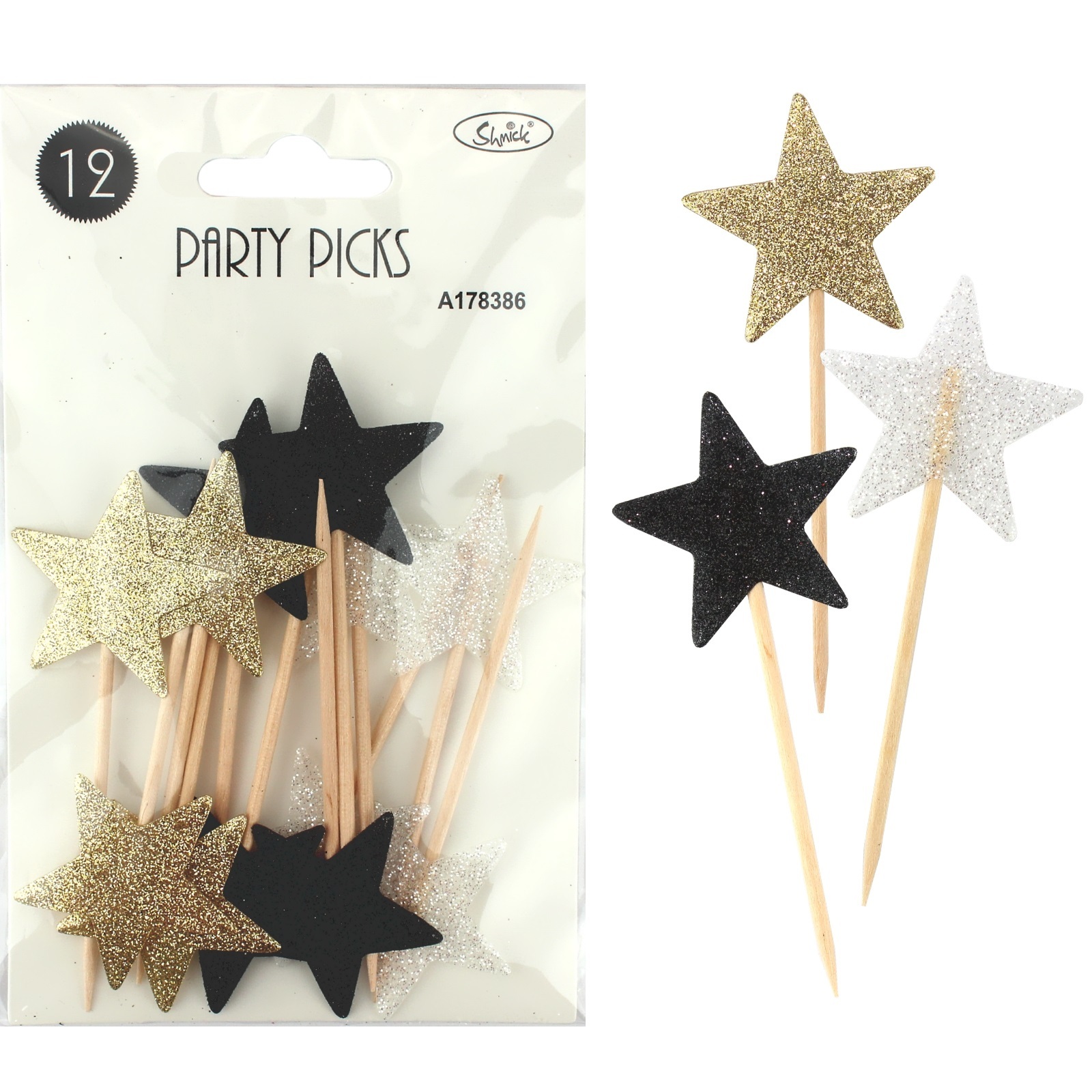 Black Gold and Silver Glam Glitter Star Picks (Pack of 12)