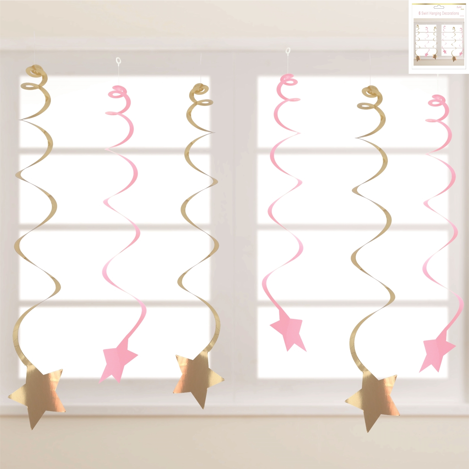 Pink and Gold Foil Star Hanging Decorations (Pack of 6)