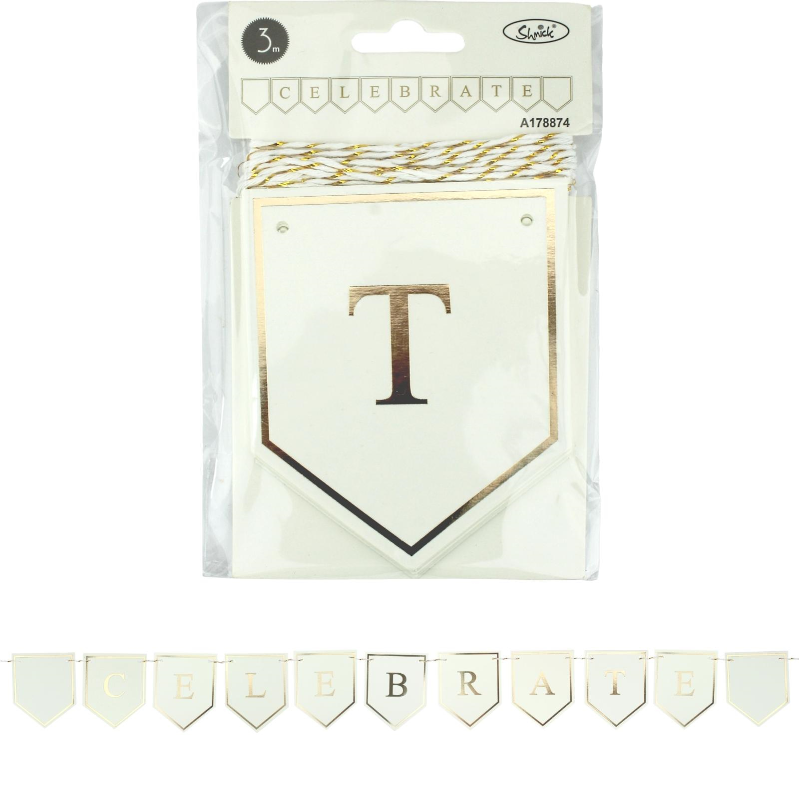 Celebrate White & Gold Mini Pennant Banner 3m