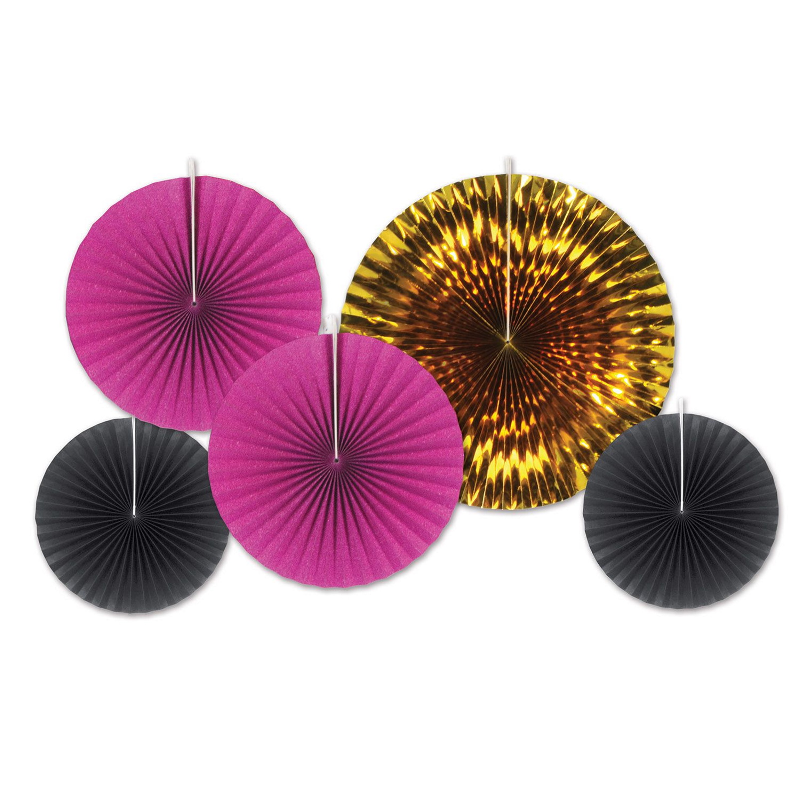 Black Magenta & Gold Paper Fan Decorations (Pack of 5)