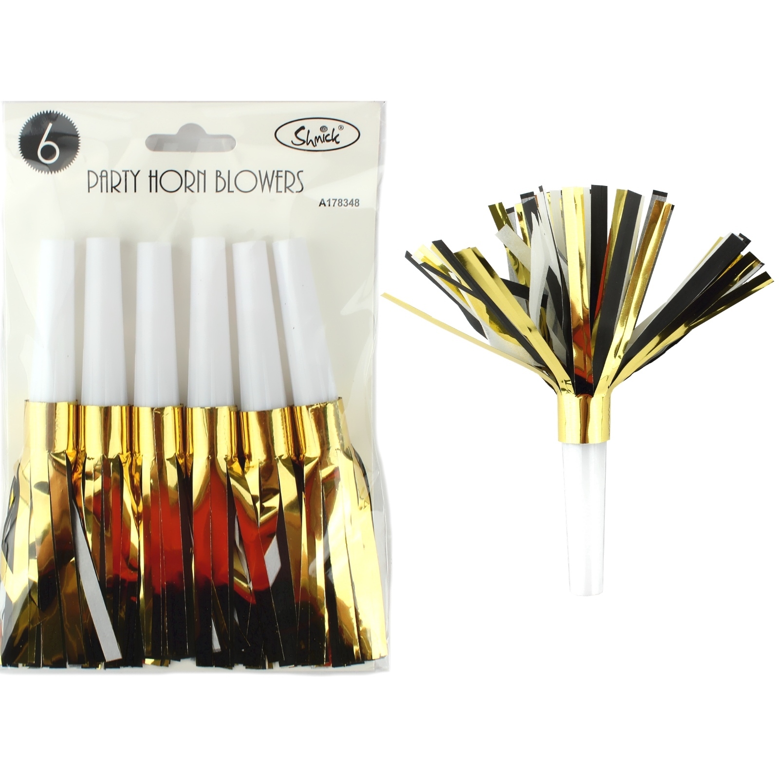 Black White and Gold Foil Party Blowers (Pack of 6)