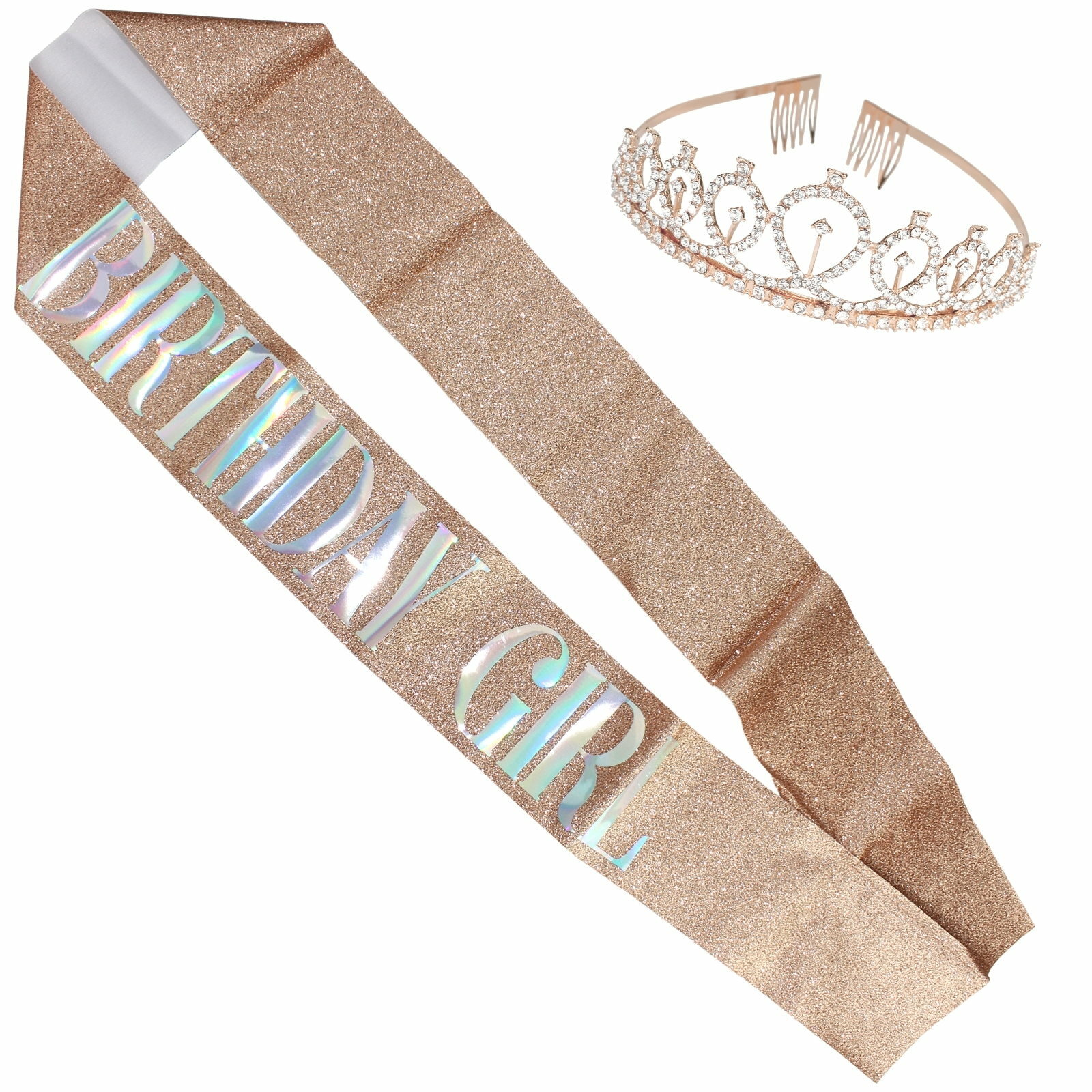 Rose Gold Tiara & Birthday Girl Glitter Sash Set