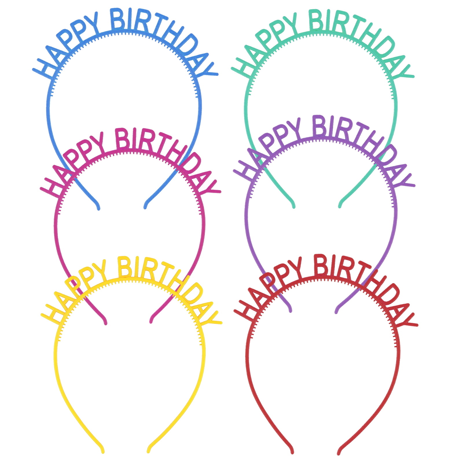 Happy Birthday Coloured Plastic Headbands (Pack of 6)