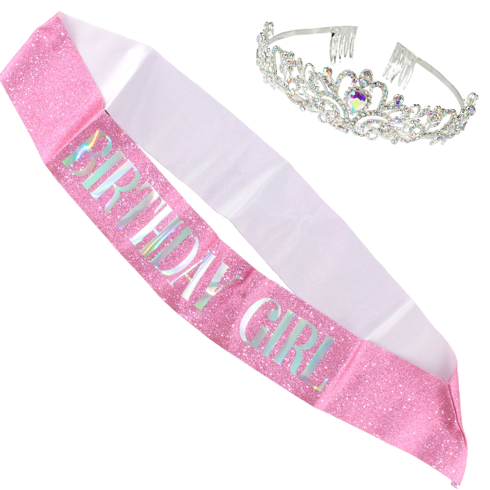 Pink Birthday Girl Glitter Sash and Tiara Set