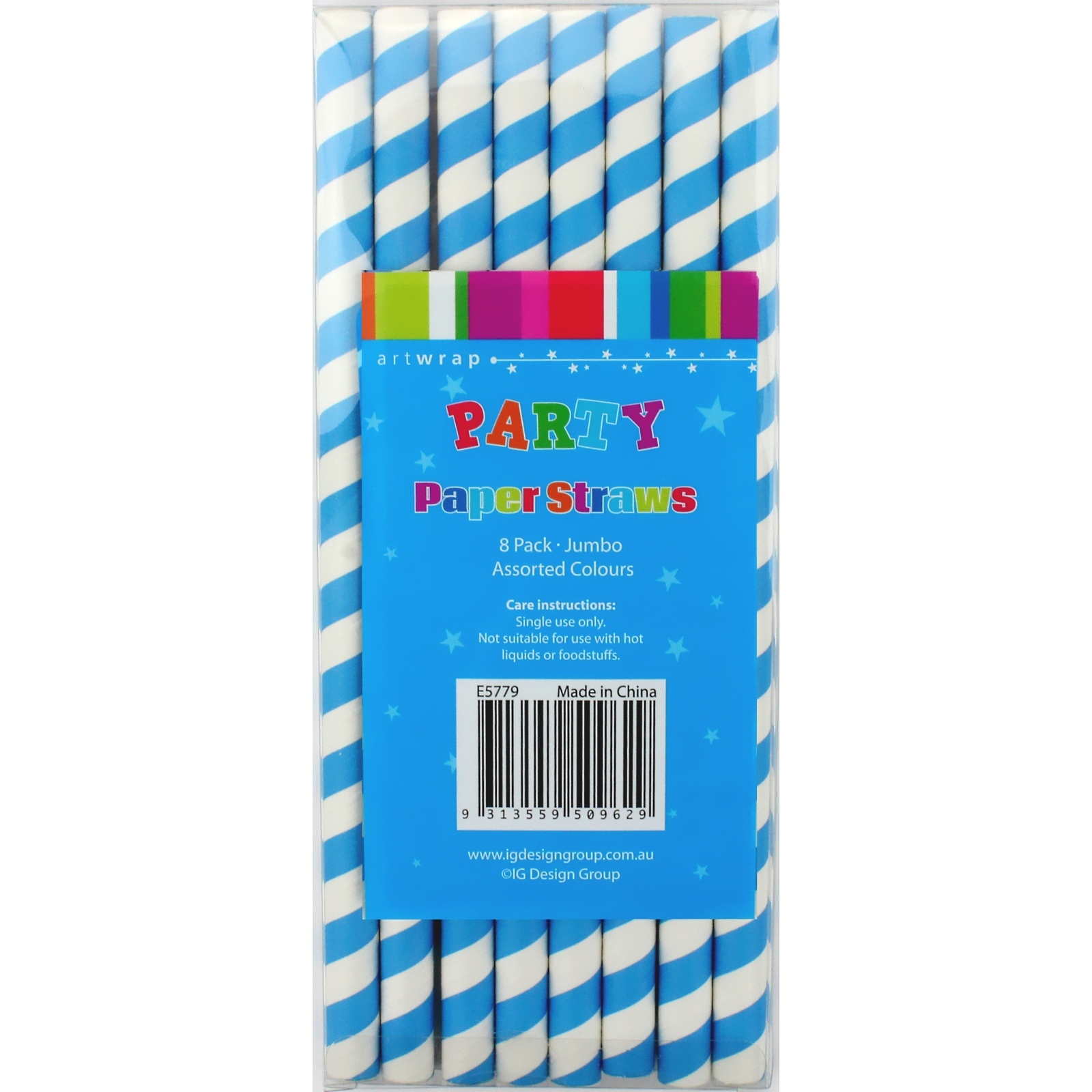 Blue and White Striped Jumbo Paper Straws (Pack of 8)