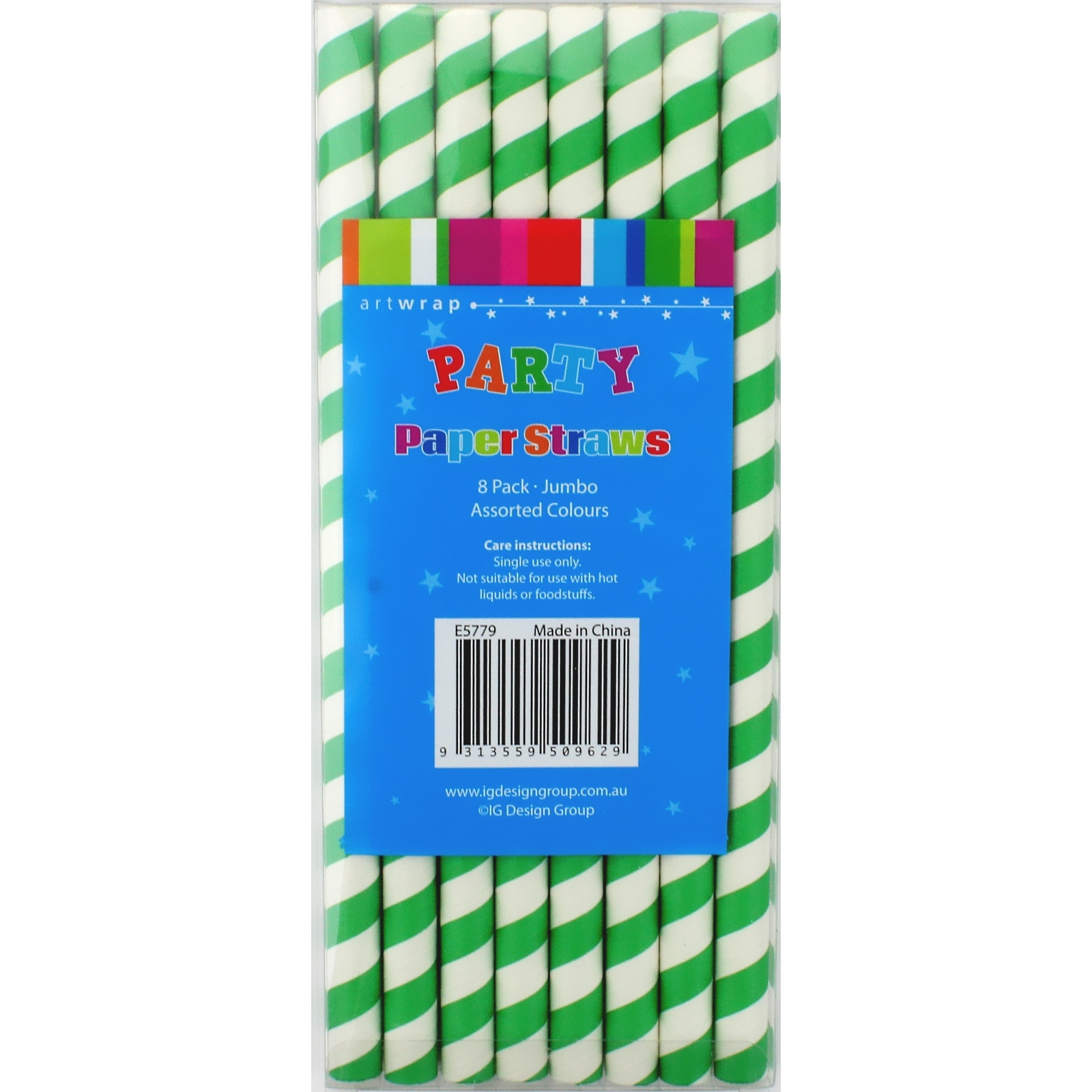 Green and White Striped Jumbo Paper Straws (Pack of 8)