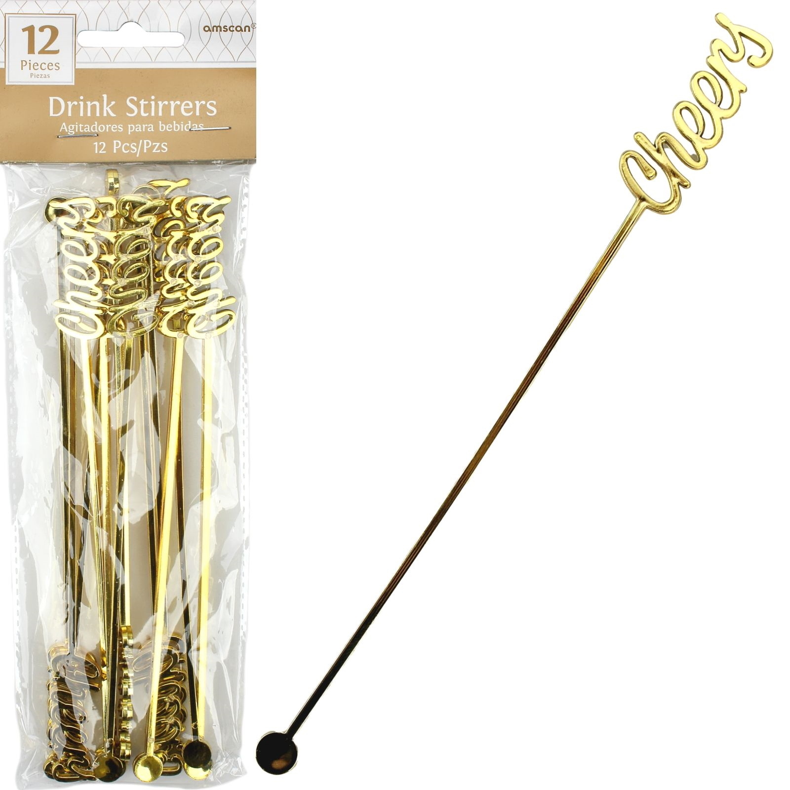 Gold Cheers Plastic Drink Stirrers (Pack of 12)
