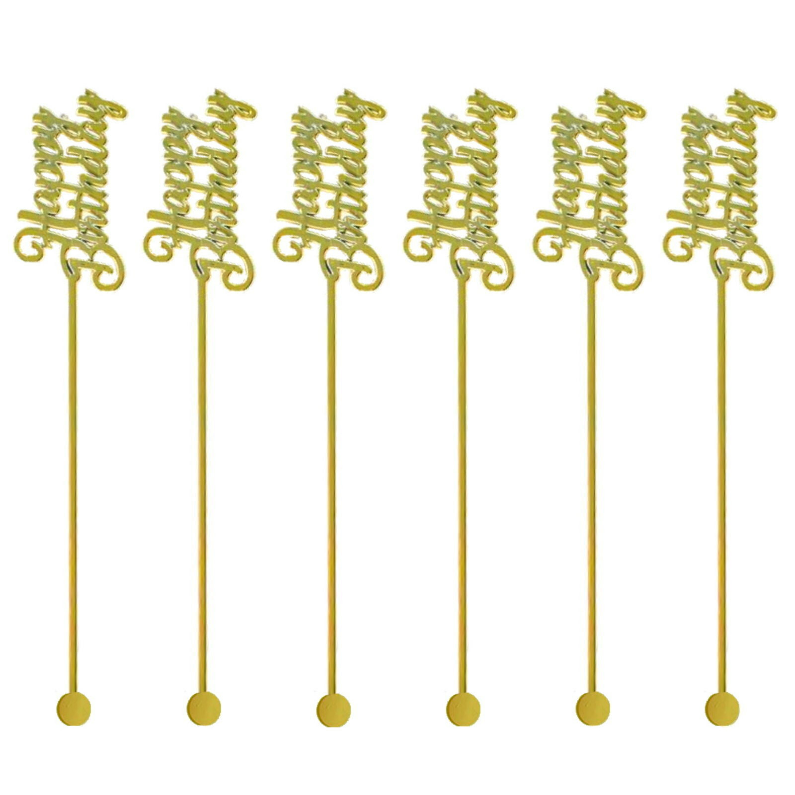 Gold Happy Birthday Plastic Drink Stirrers (Pack of 12)