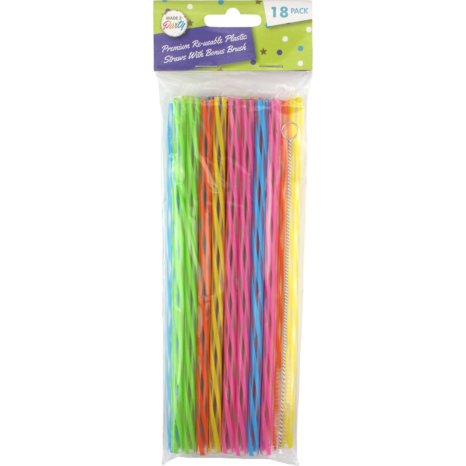 Colourful Reusable Plastic Straws & Brush (Pack of 18)