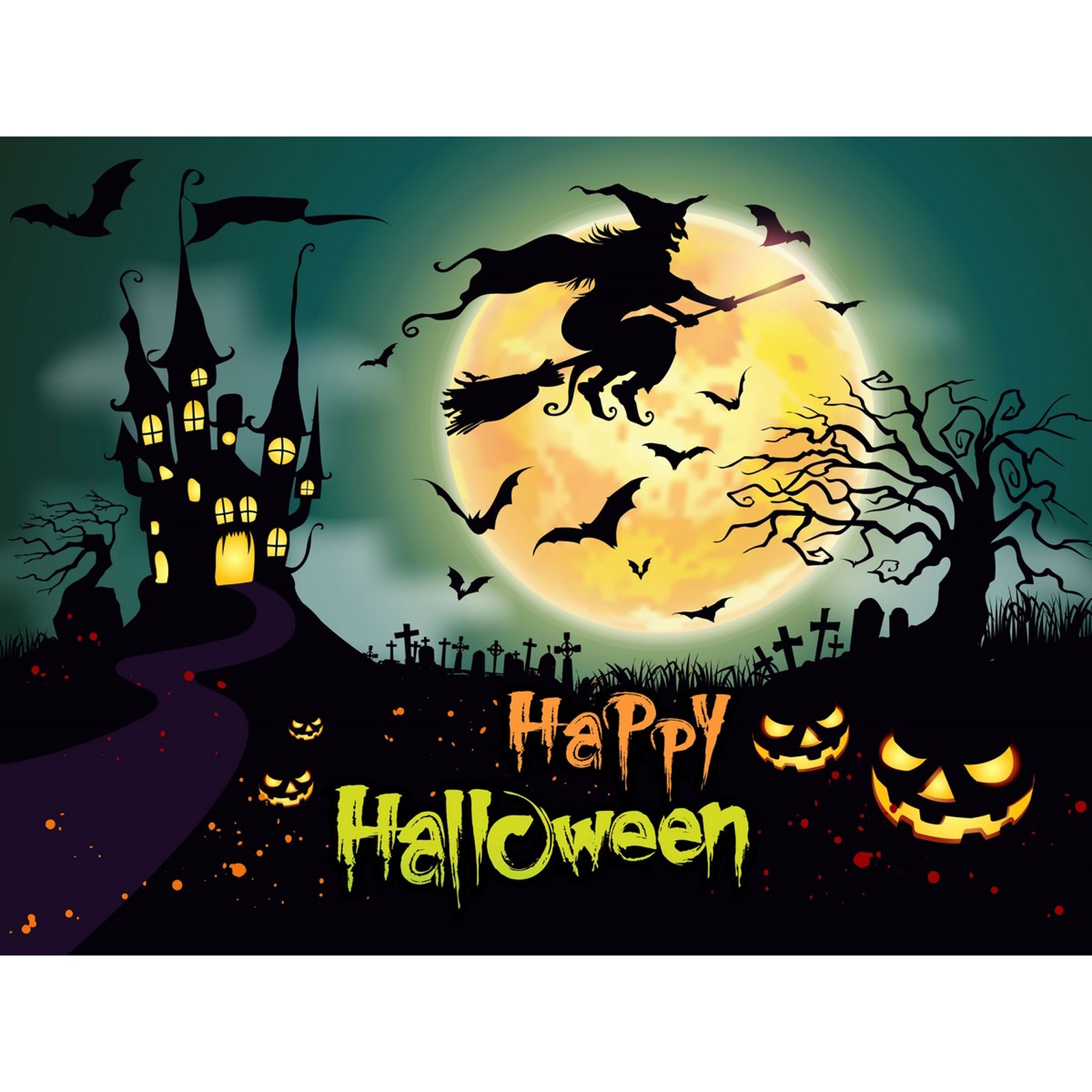 Flying Witch Happy Halloween Fabric Backdrop