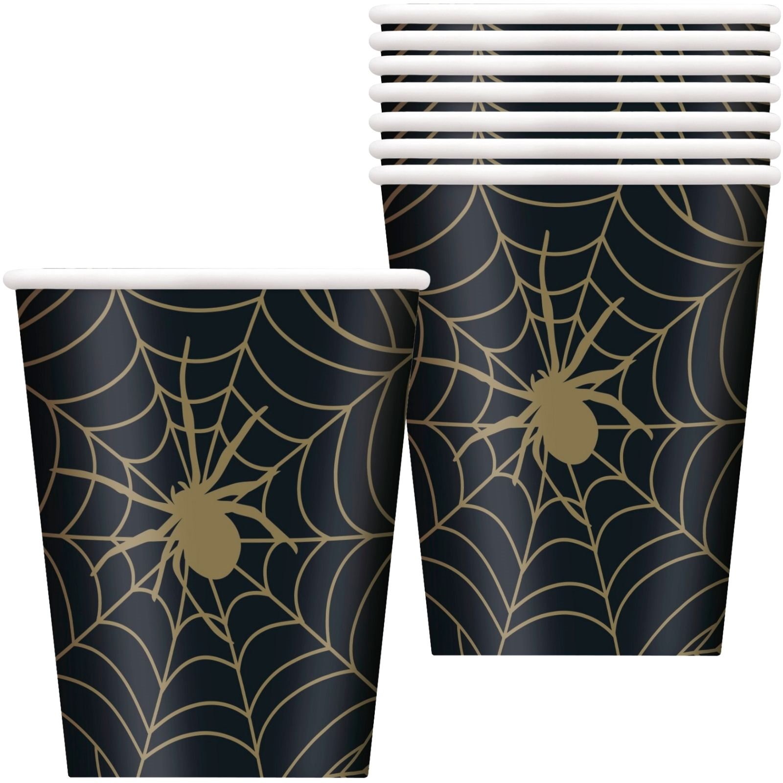 Black and Gold Spider Web Paper Cups (Pack of 8)
