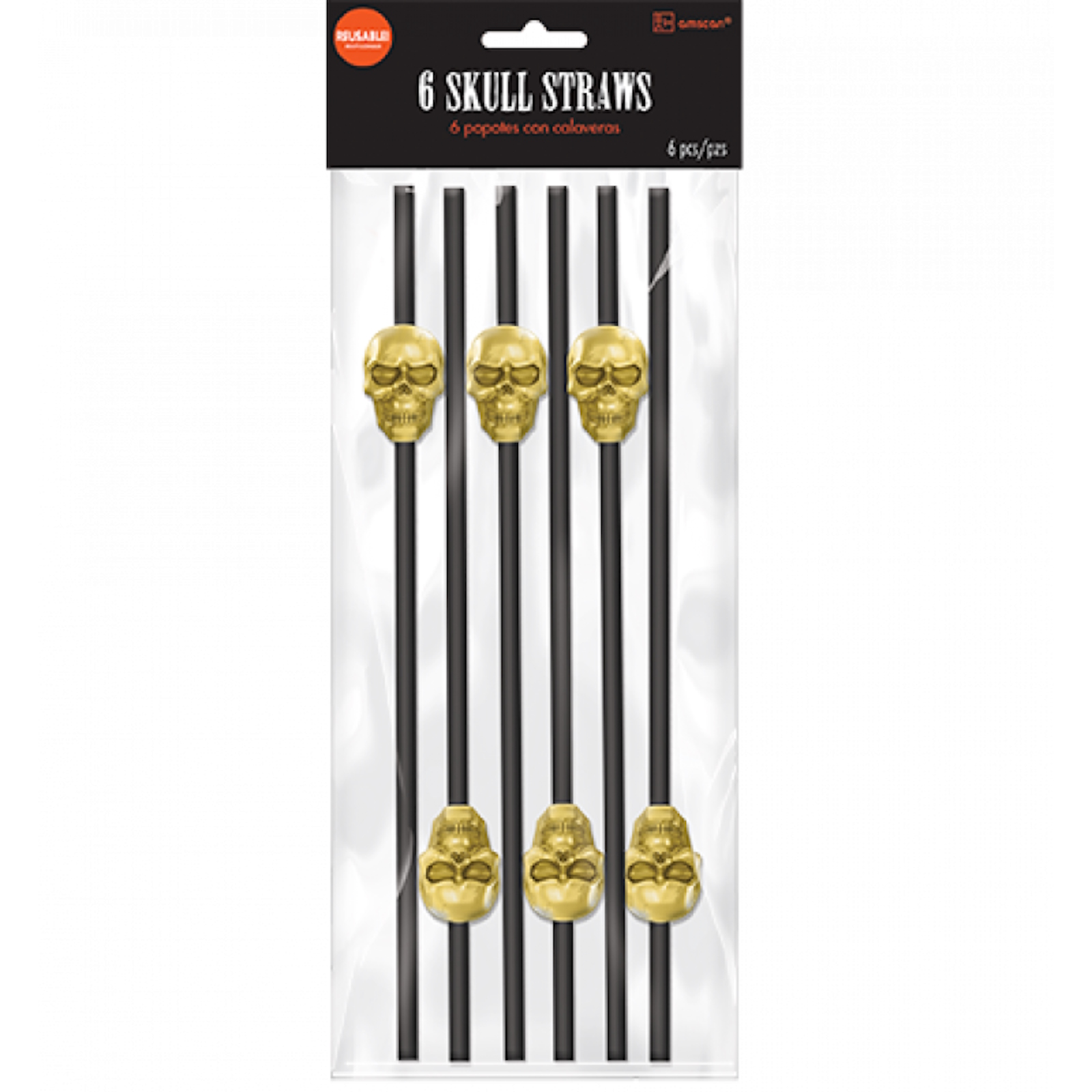 Black Gold Skull Straws Pack of 6