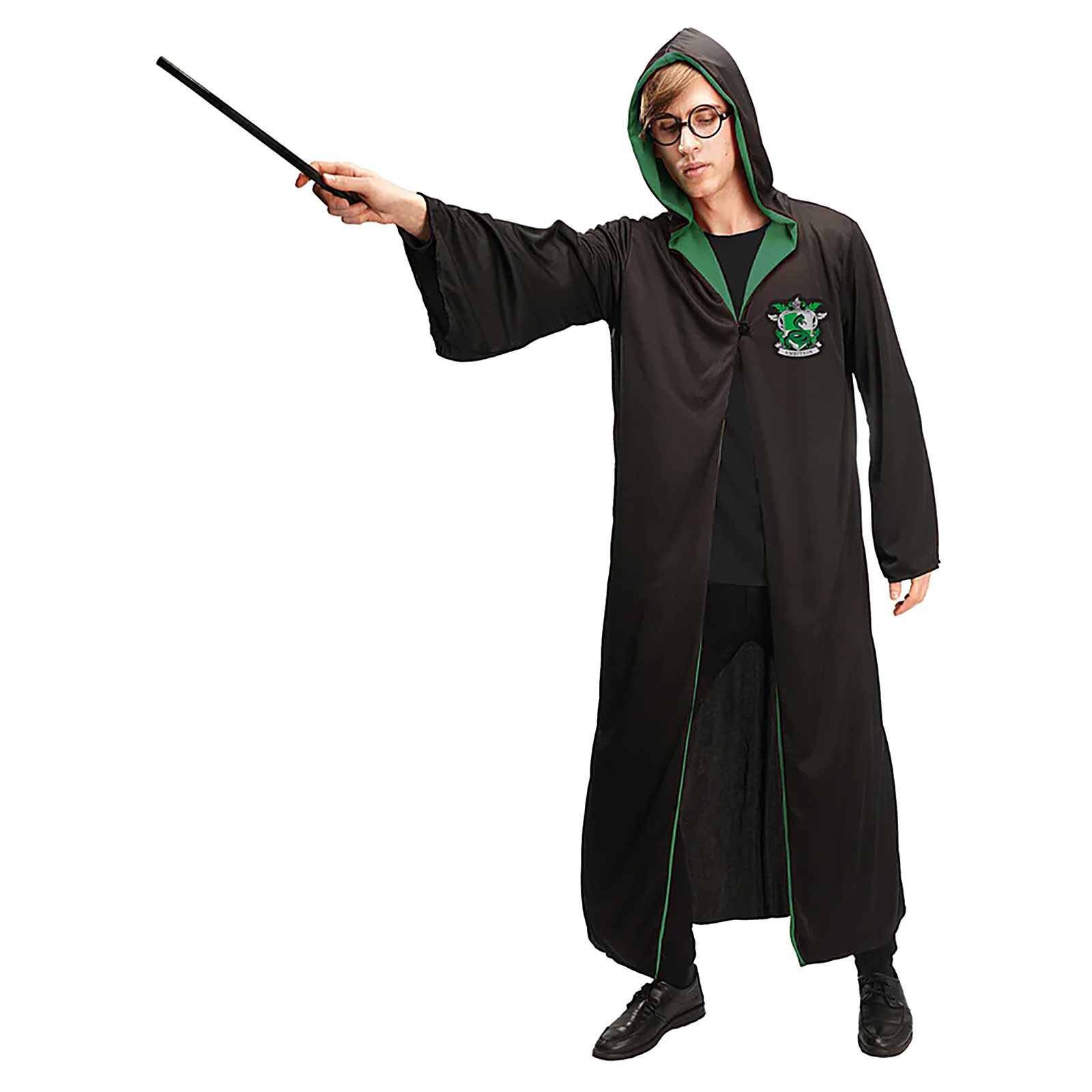 Adult Green Hooded Wizard Robe With Glasses