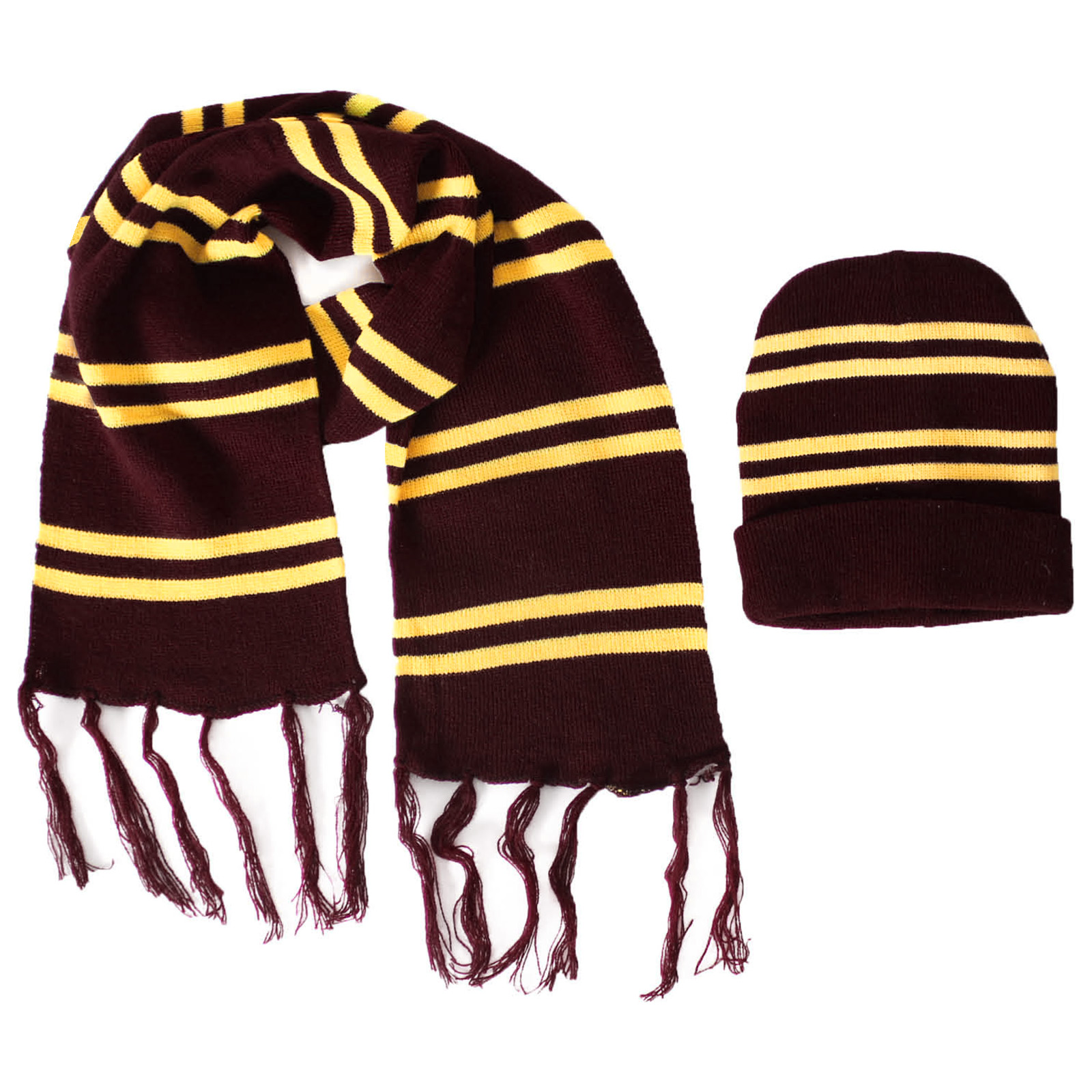 Striped Burgundy Red and Yellow Beanie and Scarf Set