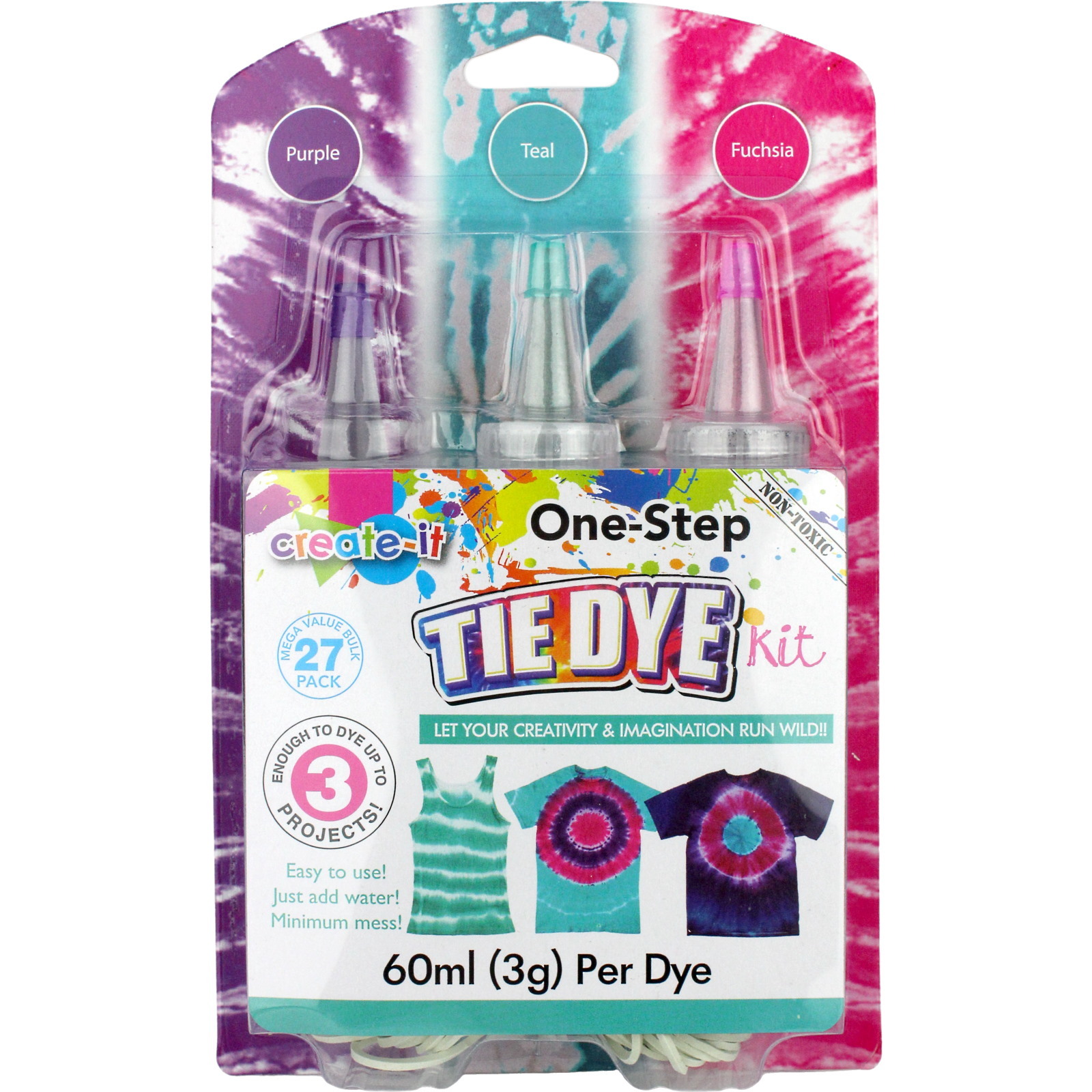 Three Colour Tie Dye Kit (Purple / Teal / Fuchsia)