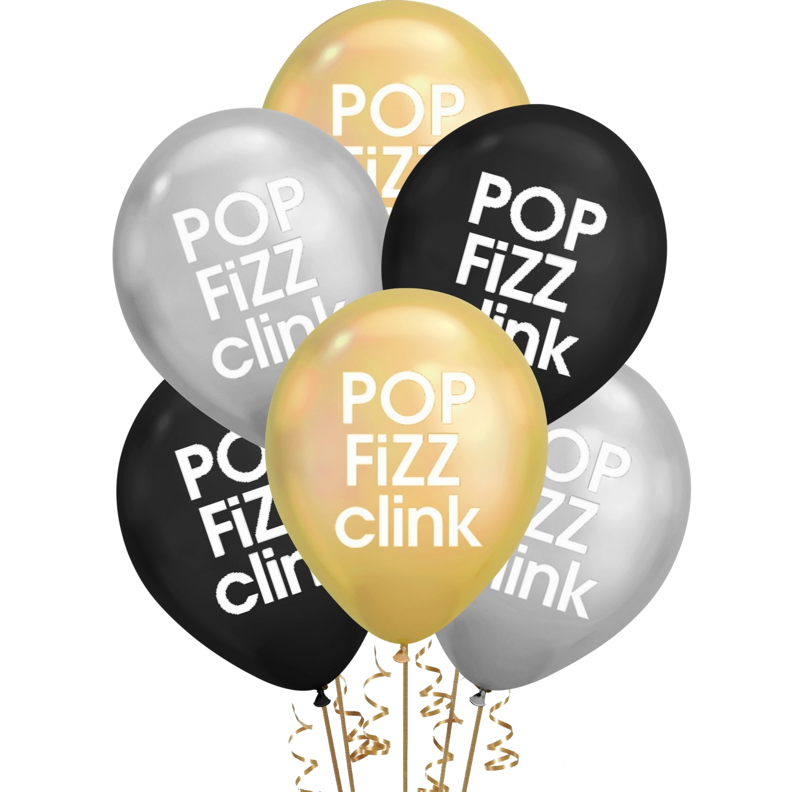 Pop Fizz Clink Black Gold & Silver Balloons (Pack of 6)