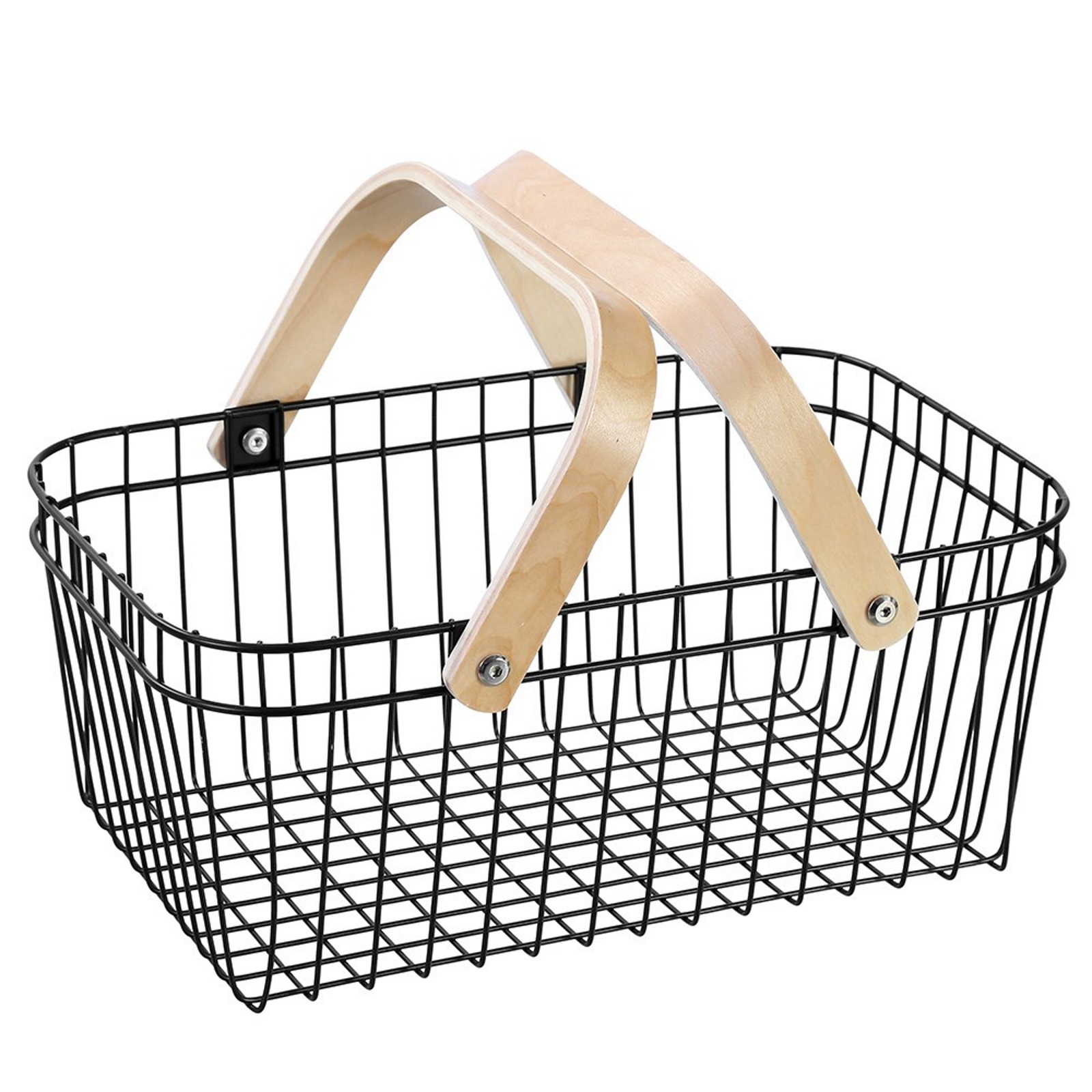 Boxsweden Black Wire Storage Basket With Birch Handles 39cm x 24cm x 16cm 