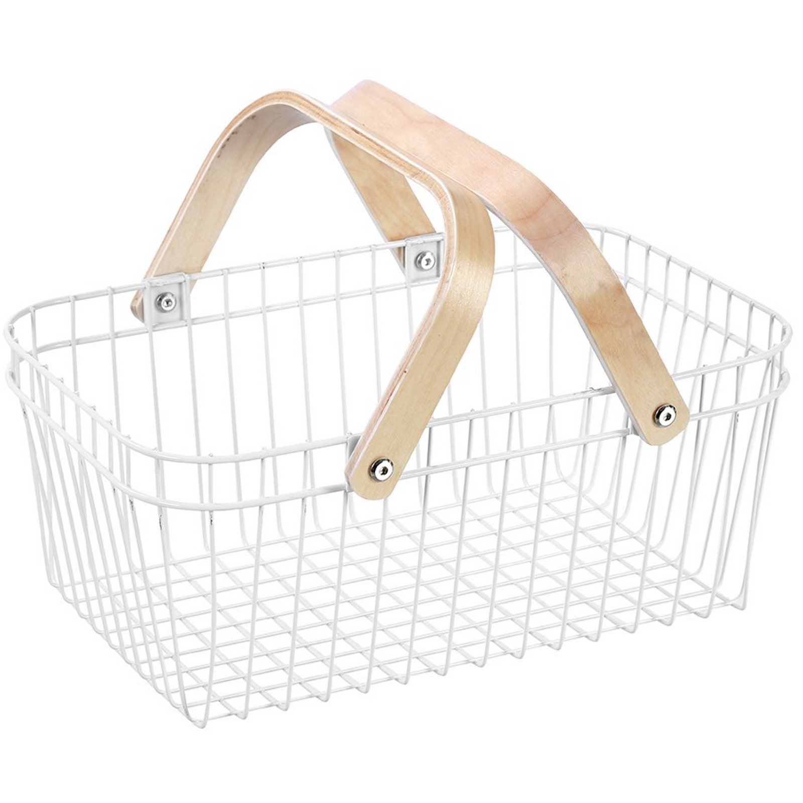 Boxsweden White Wire Storage Basket With Birch Handles 39cm x 24cm x 16cm 