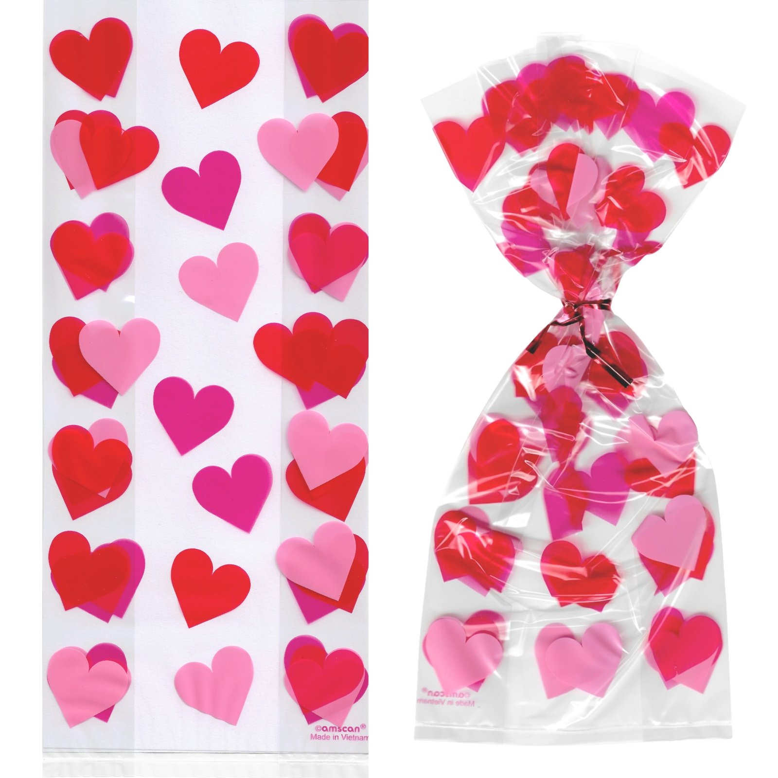 Pink and Red Hearts Plastic Treat Bags 24cm (Pack of 20)