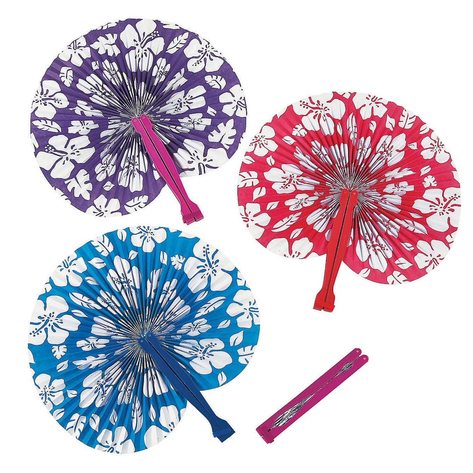 Round Folding Hibiscus Paper Fans (Pack of 12)