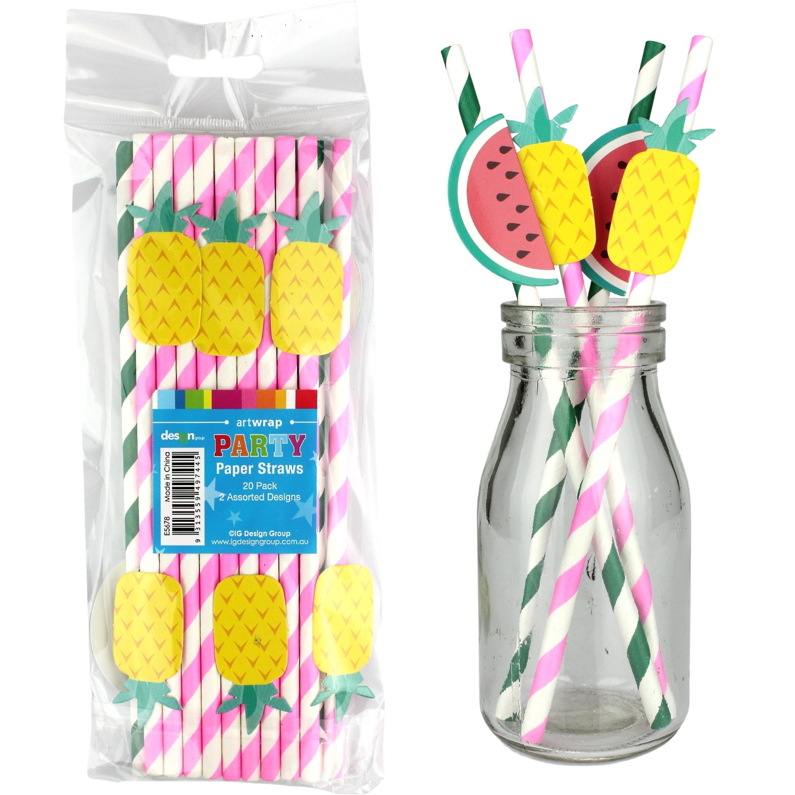 Pineapple & Watermelon Striped Paper Straws (Pack of 20)