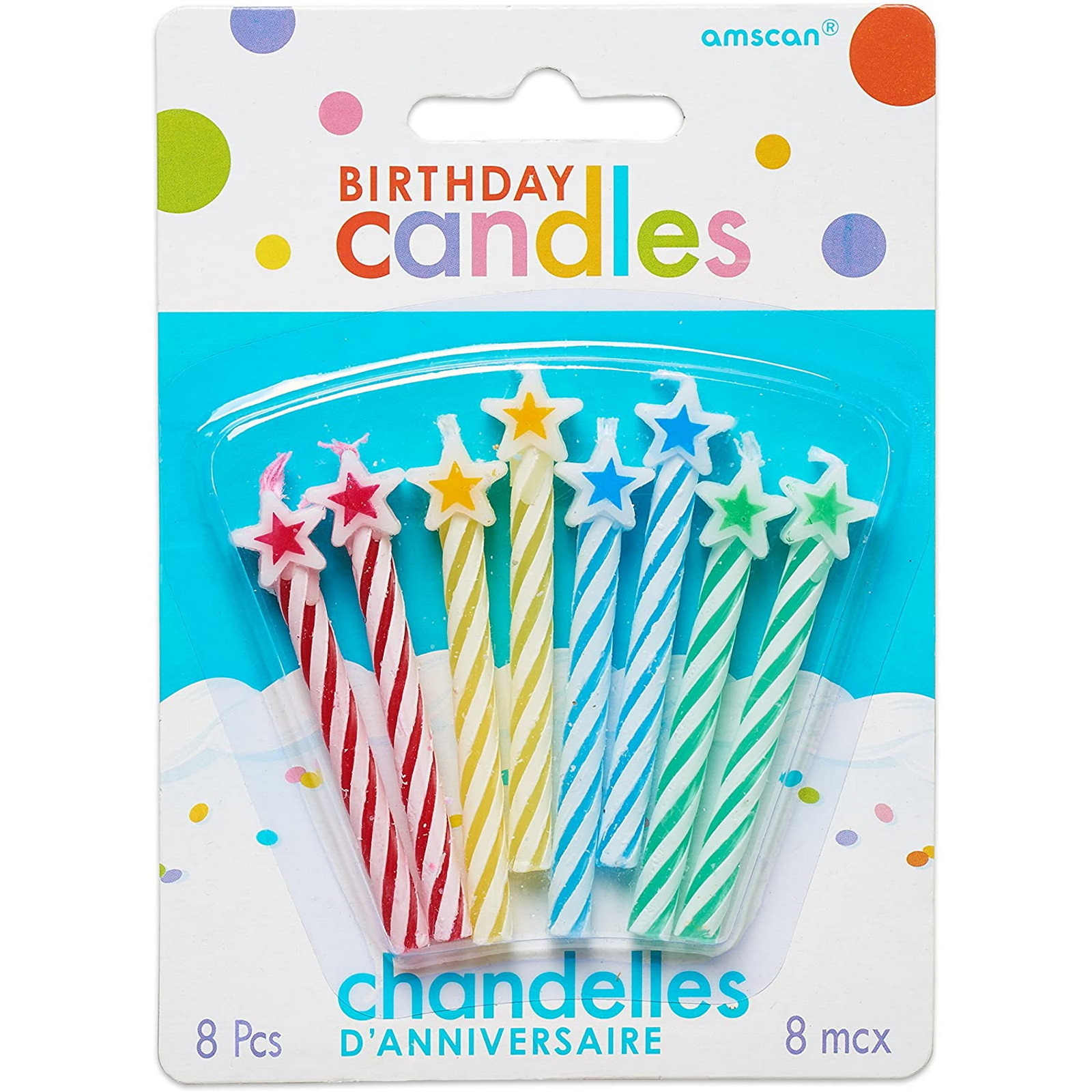 Coloured Spiral Candles with Stars (Pack of 8)