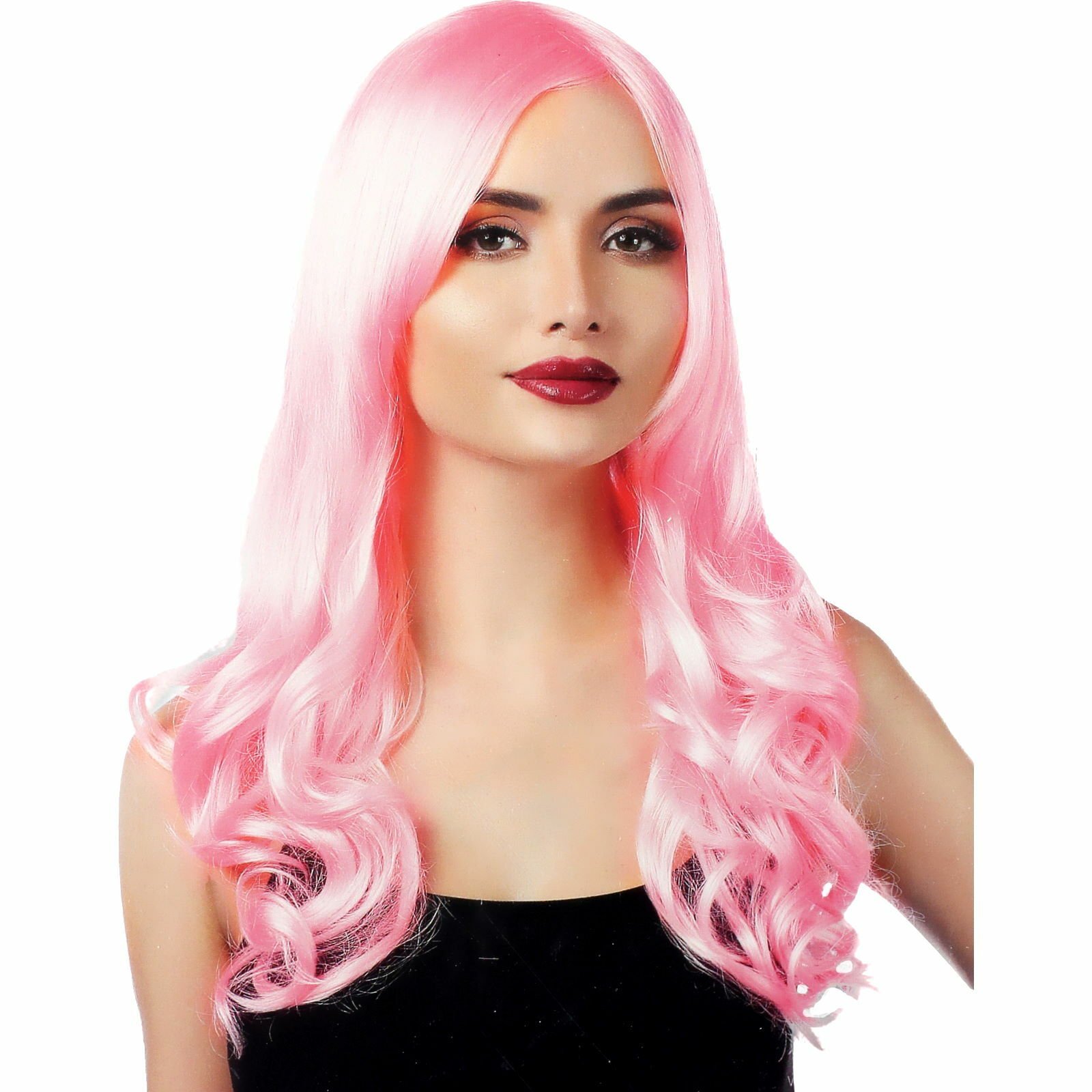 Adult Natural Look Long Curly Pink Wig