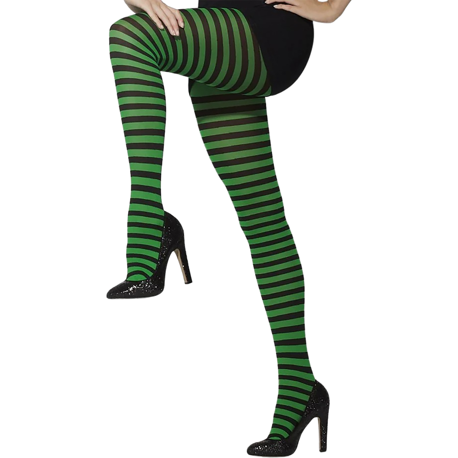 Opaque Green & Black Striped Tights 